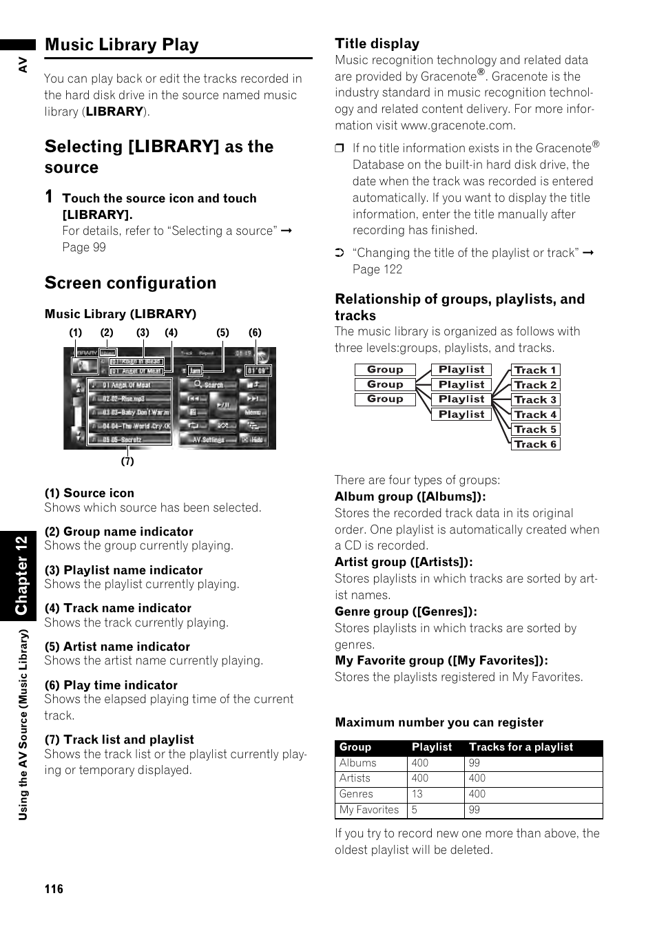 Music library play 116, Music library play, Selecting [library] as the source | Screen configuration, Cha pte r1 2 | Pioneer AVIC-Z1 User Manual | Page 118 / 207