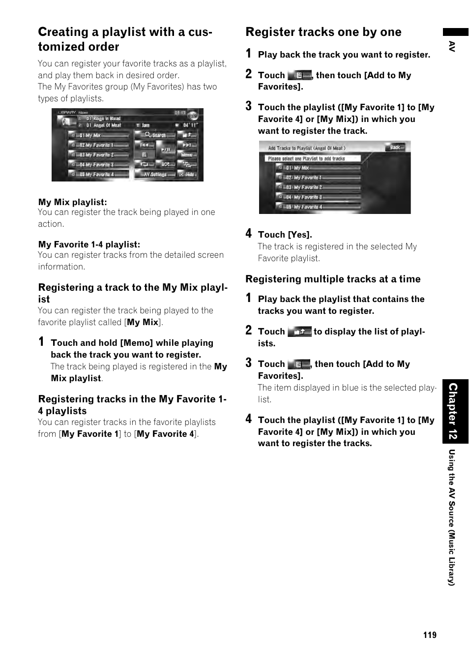 Registering a track to the my mix playlist, Creating a playlist with a cus- tomized order, Register tracks one by one | Pioneer AVIC-Z1 User Manual | Page 121 / 207