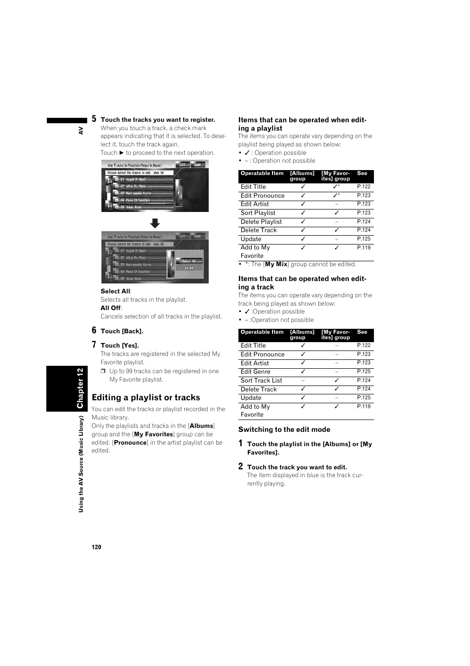 Editing a playlist or tracks 120, Editing a playlist or tracks, Ch ap te r 12 | Items that can be operated when edit- ing a track, Switching to the edit mode | Pioneer AVIC-Z1 User Manual | Page 122 / 207