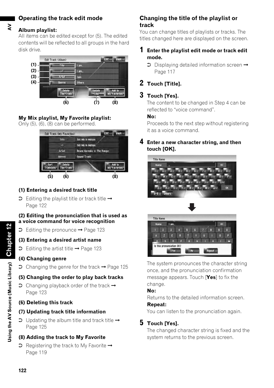 Changing the title of the playlist or track, List, Operating the track edit mode | Cha pte r1 2 | Pioneer AVIC-Z1 User Manual | Page 124 / 207