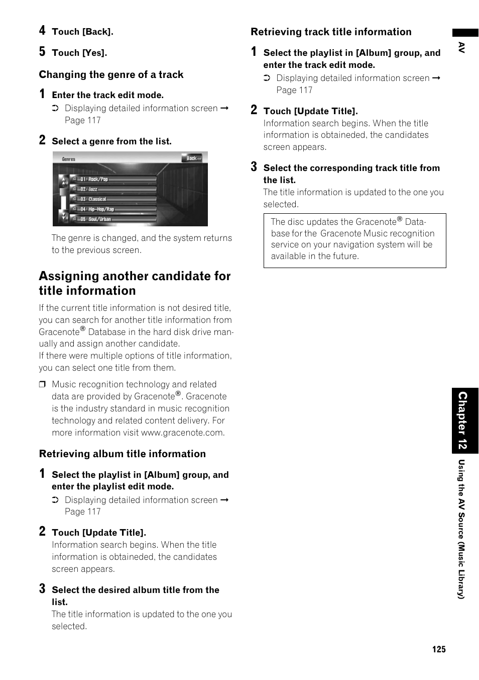 Assigning another candidate for title, Information 125, K yo | Grou, Title, Assigning another candidate for title information | Pioneer AVIC-Z1 User Manual | Page 127 / 207