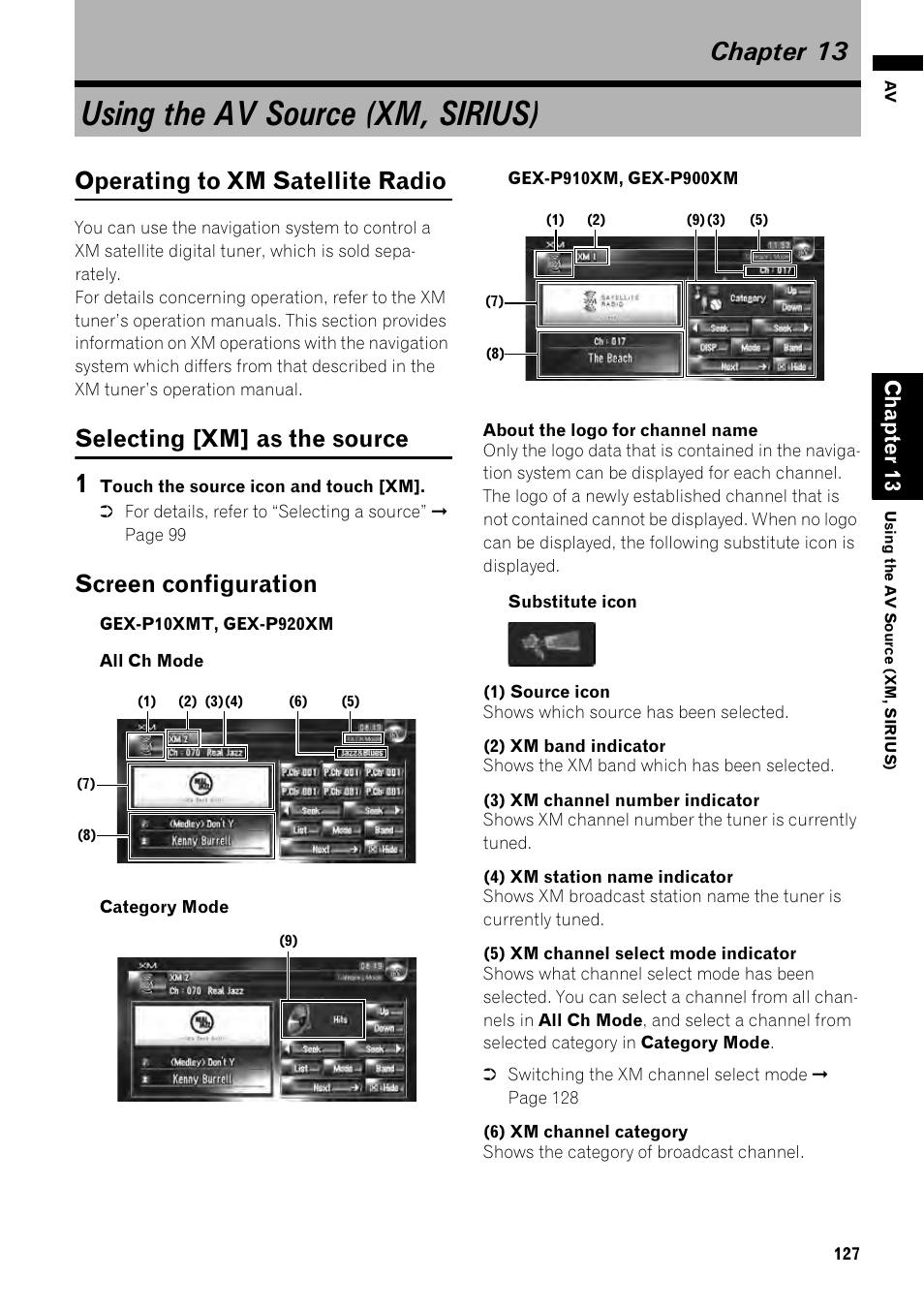 Chapter 13, Using the av source (xm, sirius), Screen configuration 127 | Operating to xm satellite radio, Selecting [xm] as the source, Screen configuration, Chapt er 13 | Pioneer AVIC-Z1 User Manual | Page 129 / 207