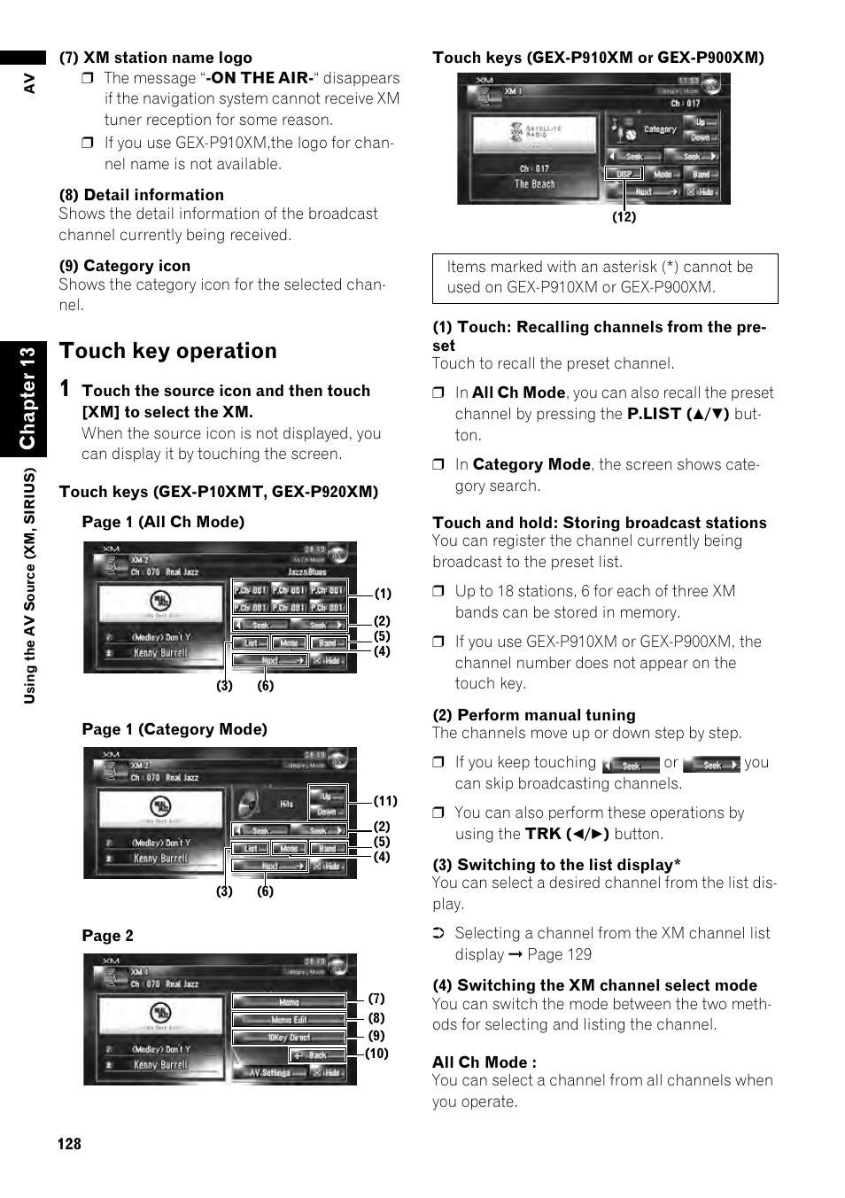 Touch key operation 128, Touch key operation, Ch ap te r1 3 | Pioneer AVIC-Z1 User Manual | Page 130 / 207