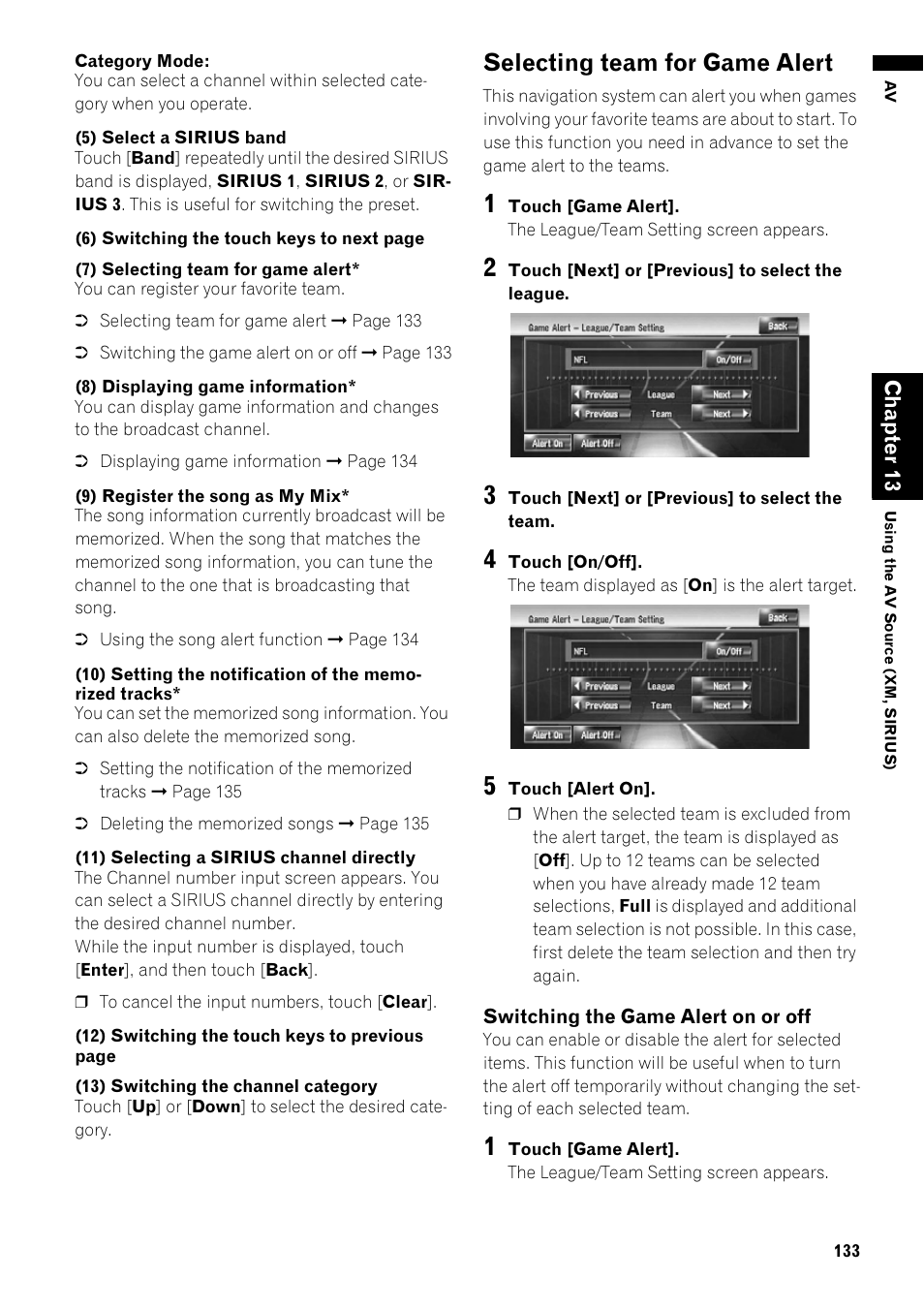 Selecting team for game alert 133, Selecting team for game alert | Pioneer AVIC-Z1 User Manual | Page 135 / 207