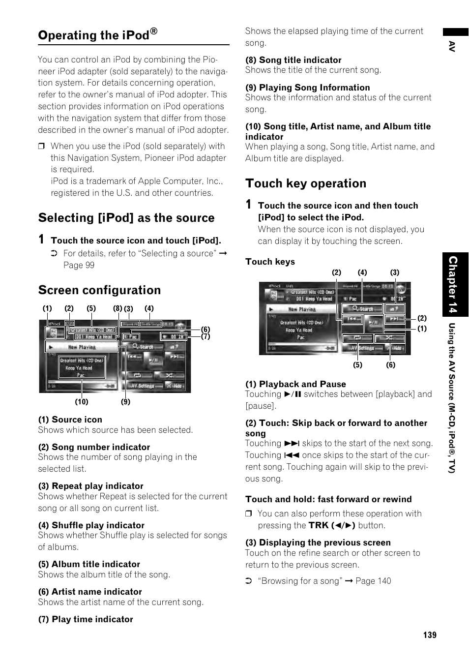 Operating the ipod® 139, Operating the ipod, Selecting [ipod] as the source | Screen configuration, Touch key operation, Cha pt er 14 | Pioneer AVIC-Z1 User Manual | Page 141 / 207