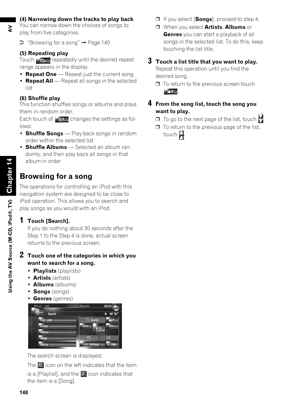 Browsing for a song 140, Browsing for a song | Pioneer AVIC-Z1 User Manual | Page 142 / 207