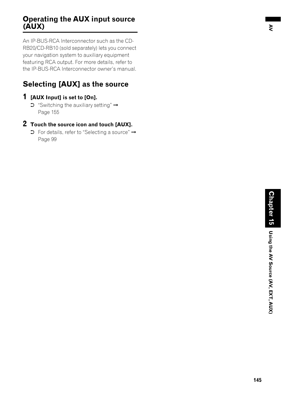 Operating the aux input source (aux) 145, Selecting [aux] as the source 145, Operating the aux input source (aux) | Selecting [aux] as the source | Pioneer AVIC-Z1 User Manual | Page 147 / 207