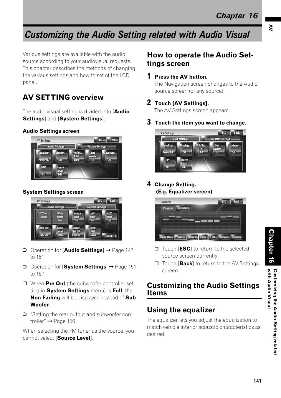 Chapter 16, Av setting overview 147, How to operate the audio settings screen 147 | Customizing the audio settings items 147, Using the equalizer 147, Av setting overview, How to operate the audio set- tings screen | Pioneer AVIC-Z1 User Manual | Page 149 / 207