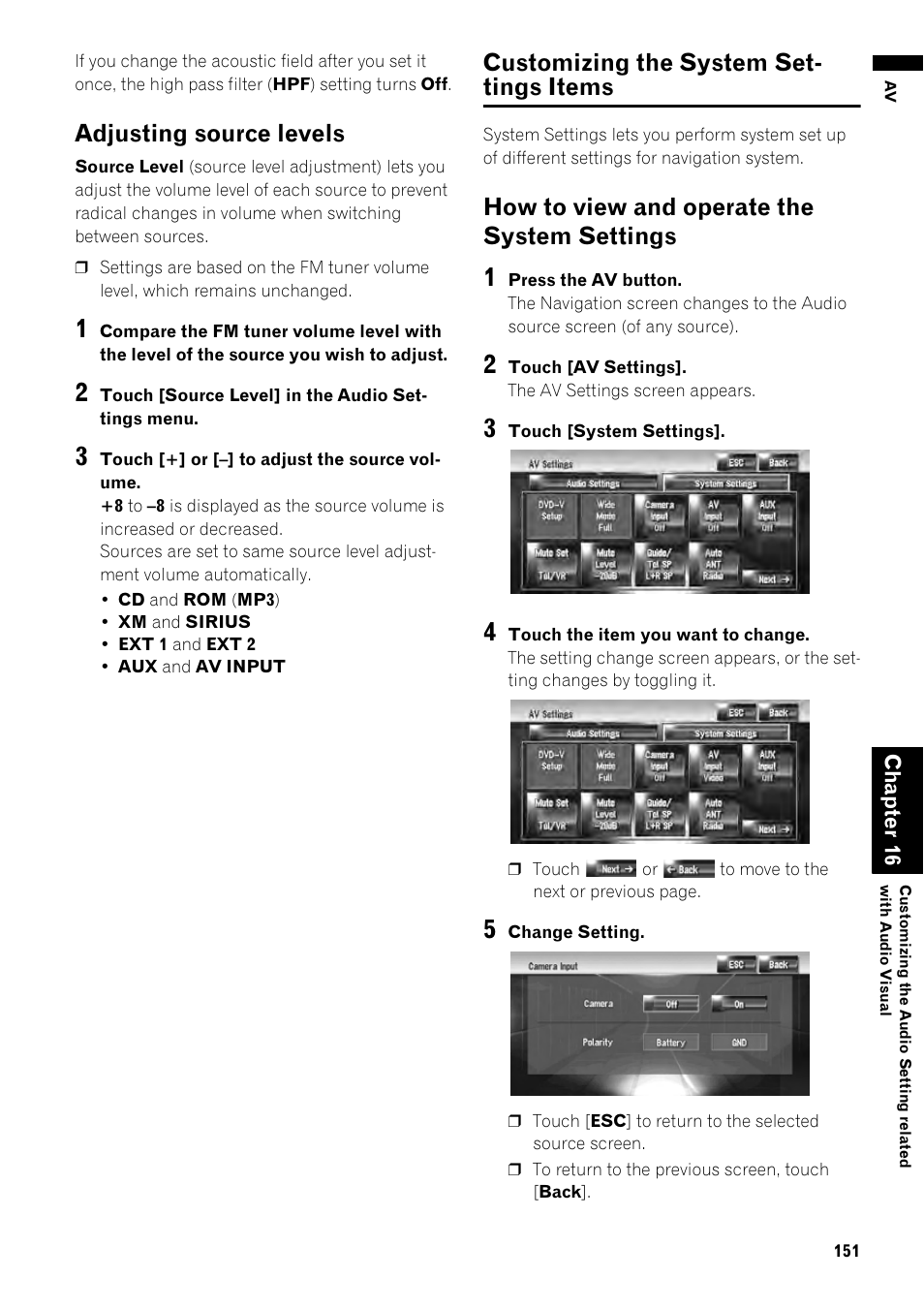 Adjusting source levels 151, Customizing the system settings items 151, How to view and operate the system | Settings 151, To 151, Adjusting source levels, Customizing the system set- tings items, How to view and operate the system settings | Pioneer AVIC-Z1 User Manual | Page 153 / 207
