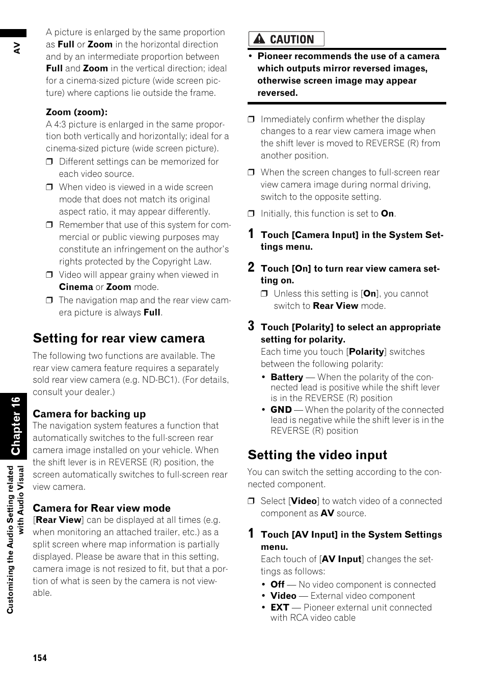 Setting for rear view camera, Setting the video input | Pioneer AVIC-Z1 User Manual | Page 156 / 207