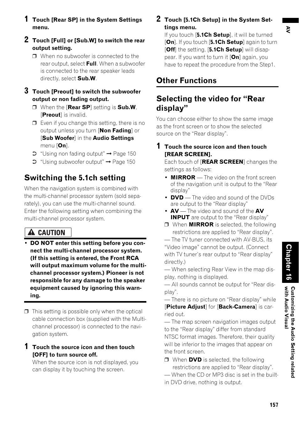 Switching the 5.1ch setting 157, Other functions 157, Selecting the video for “rear display” 157 | To 157, Switching the 5.1ch setting | Pioneer AVIC-Z1 User Manual | Page 159 / 207