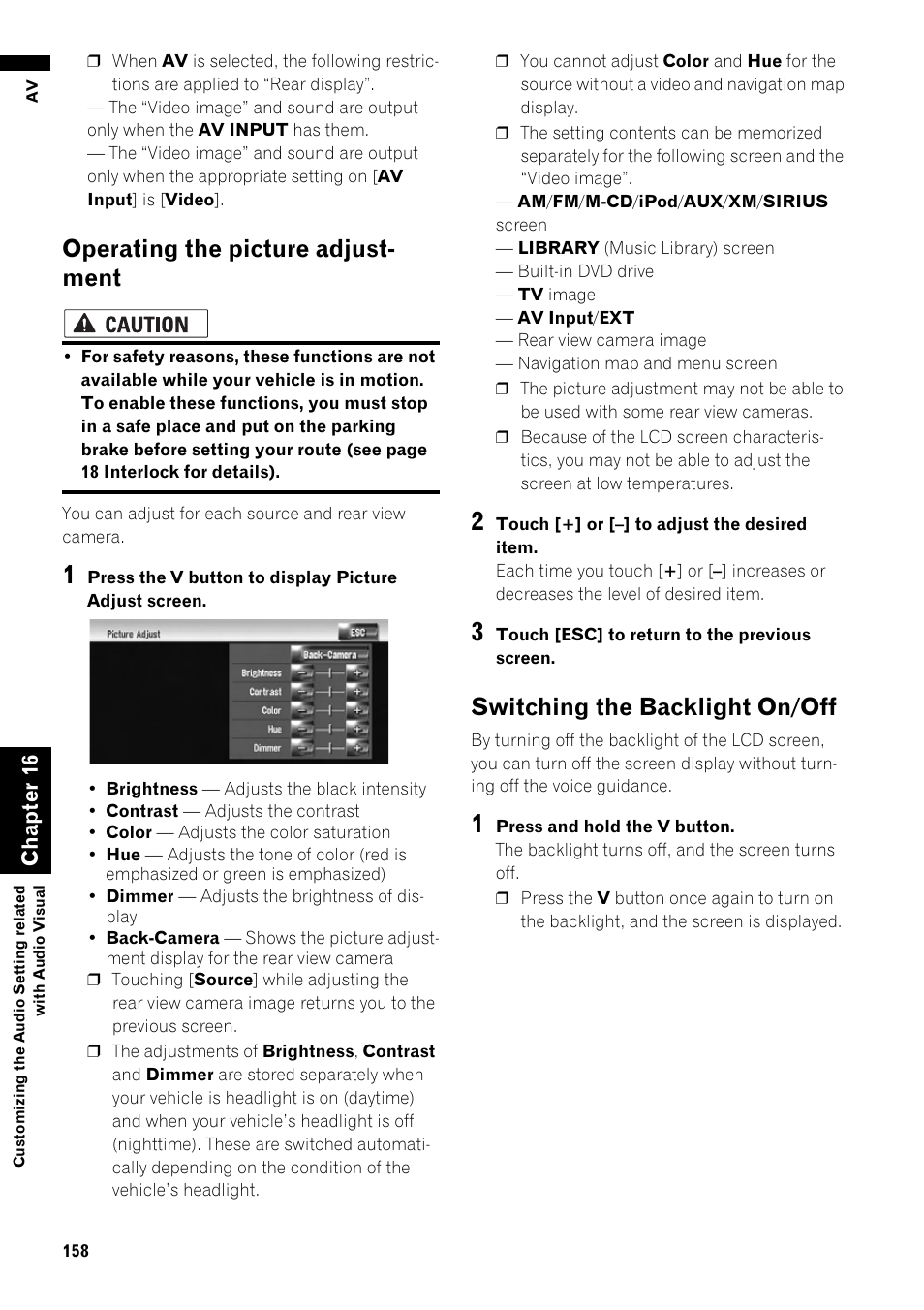 Operating the picture adjust- ment, Switching the backlight on/off | Pioneer AVIC-Z1 User Manual | Page 160 / 207