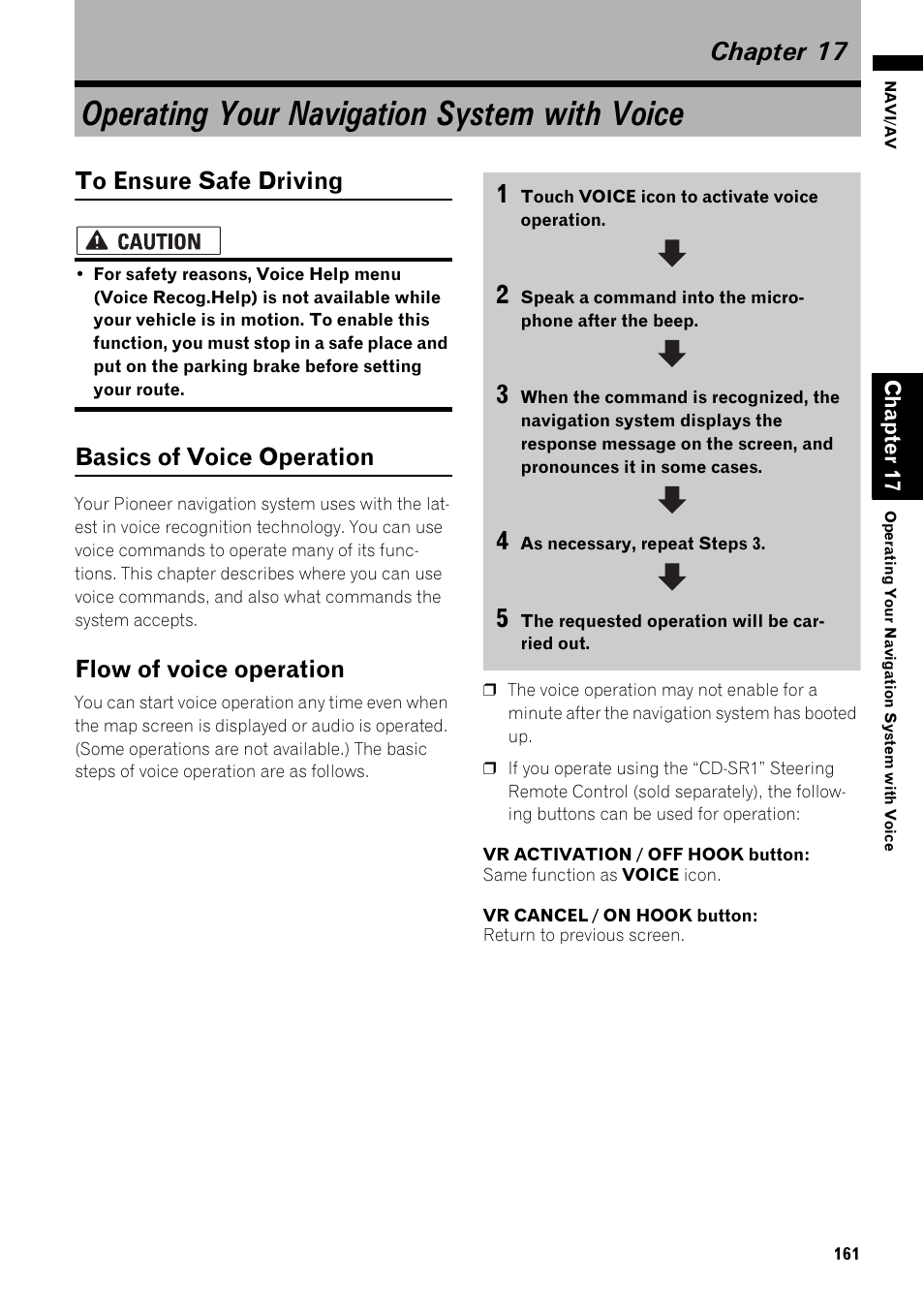 Chapter 17, Operating your navigation system with voice, Flow of voice operation 161 | Basics of voice operation, Flow of voice operation | Pioneer AVIC-Z1 User Manual | Page 163 / 207