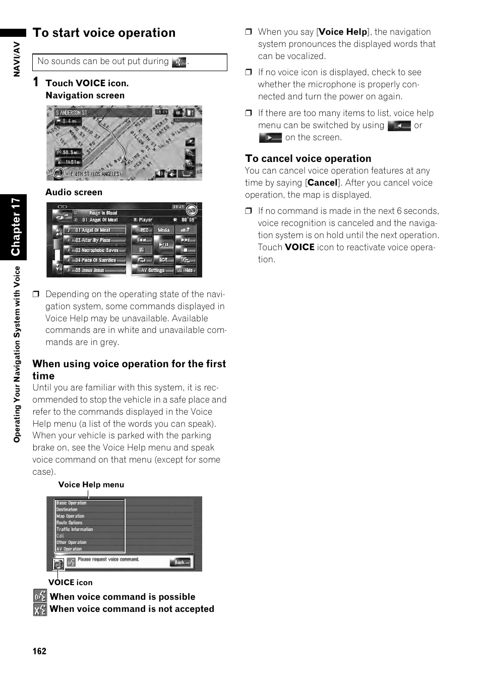 To start voice operation 162, Ch ap te r1 7 | Pioneer AVIC-Z1 User Manual | Page 164 / 207