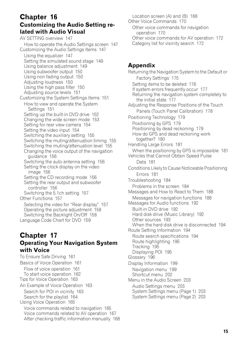 Chapter 16, Chapter 17 | Pioneer AVIC-Z1 User Manual | Page 17 / 207