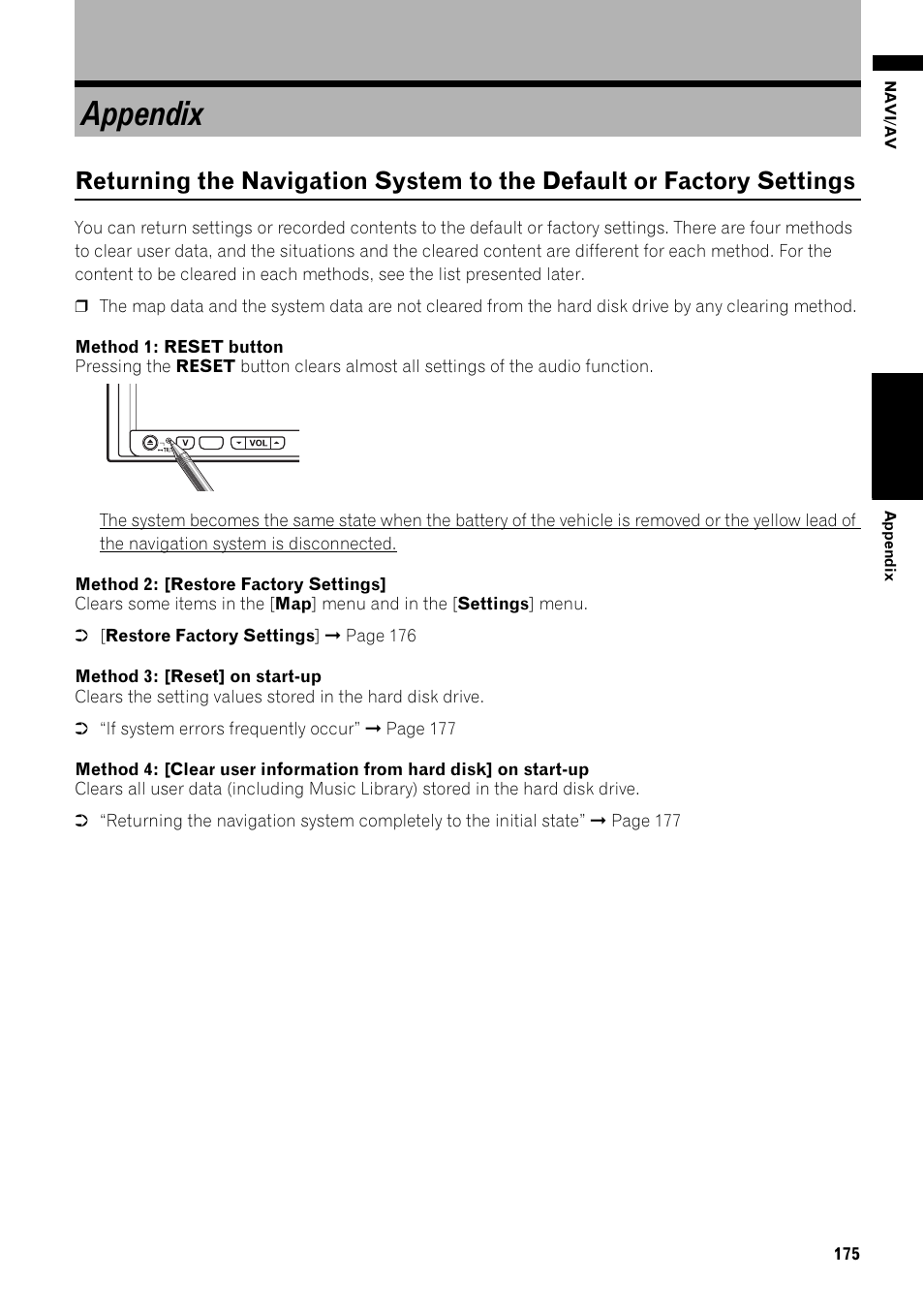 Appendix, Returning the navigation system to the default or, Factory settings 175 | Pioneer AVIC-Z1 User Manual | Page 177 / 207