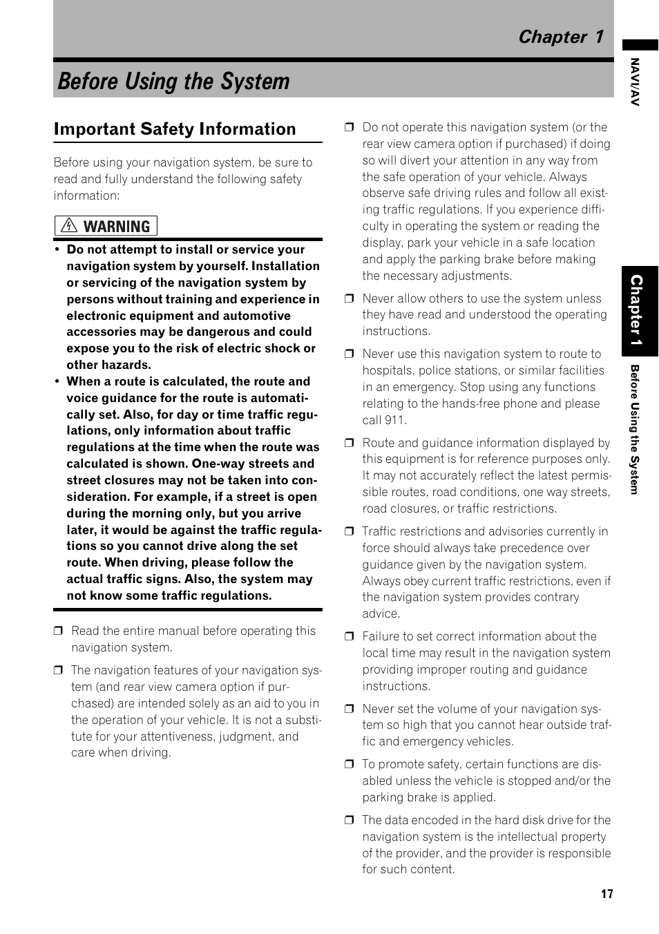 Chapter 1, Before using the system, Important safety information 17 | Important safety information, Cha pt er 1 | Pioneer AVIC-Z1 User Manual | Page 19 / 207