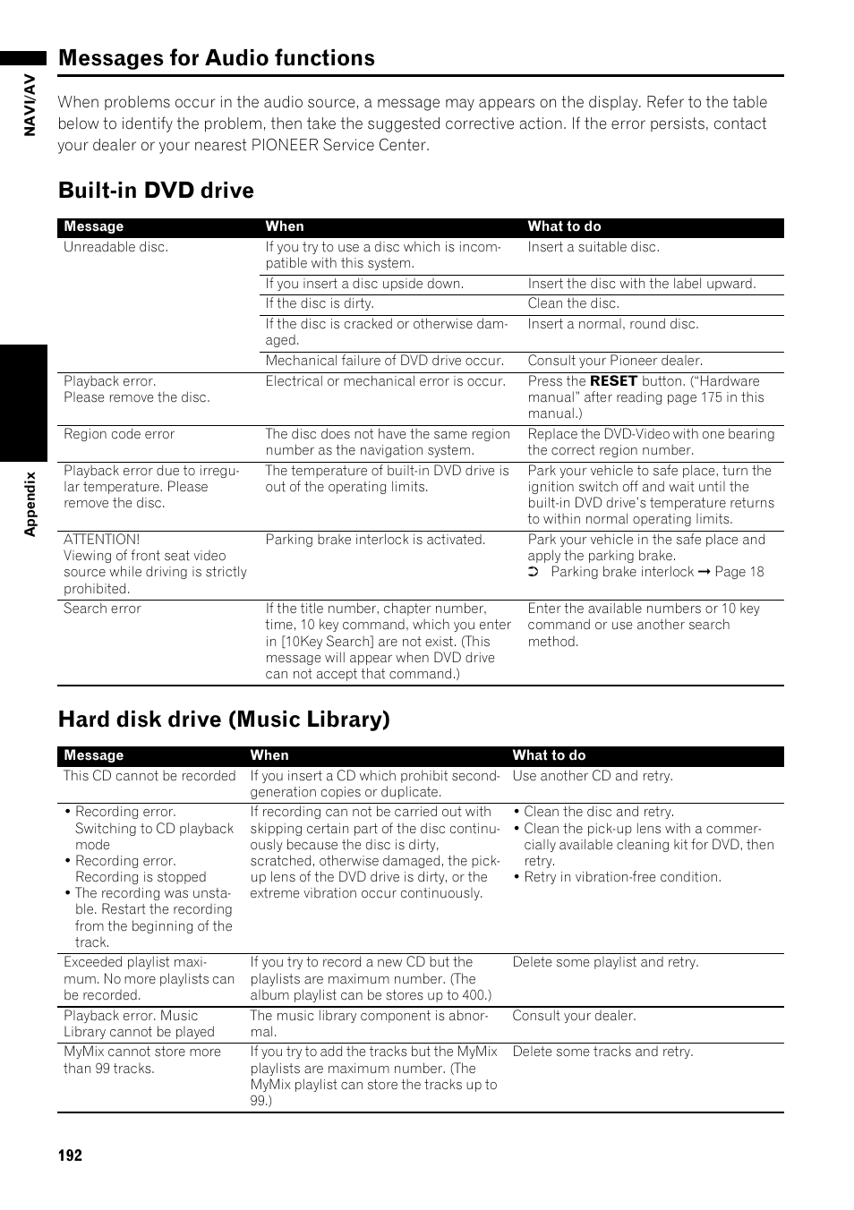 Messages for audio functions 192, Messages for audio functions, Built-in dvd drive hard disk drive (music library) | Pioneer AVIC-Z1 User Manual | Page 194 / 207