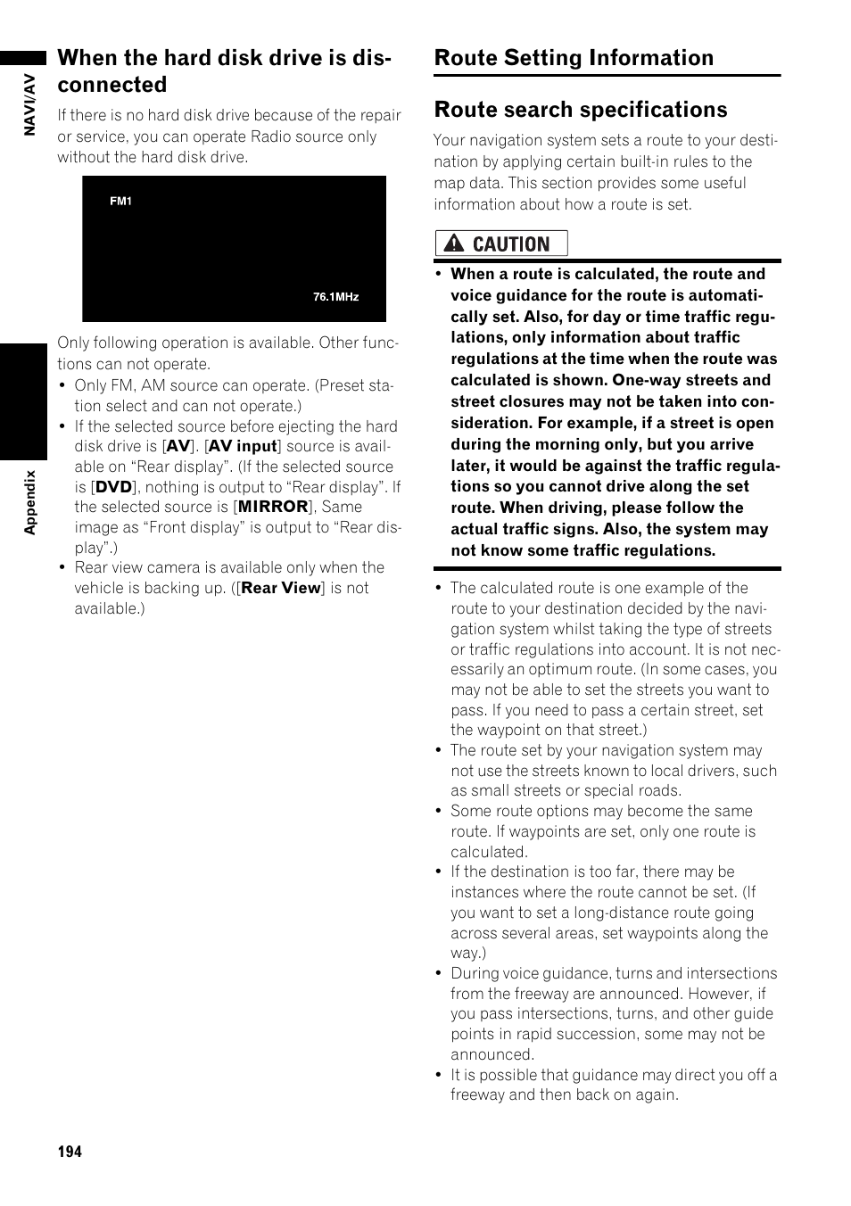 When the hard disk drive is disconnected 194, Route setting information 194, Route search specifications 194 | When the hard disk drive is dis- connected | Pioneer AVIC-Z1 User Manual | Page 196 / 207