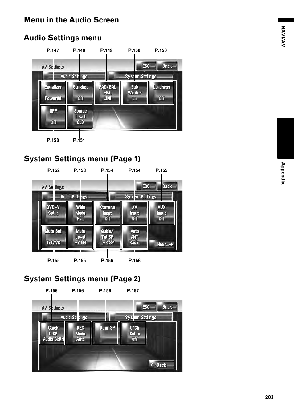 Menu in the audio screen 203 | Pioneer AVIC-Z1 User Manual | Page 205 / 207