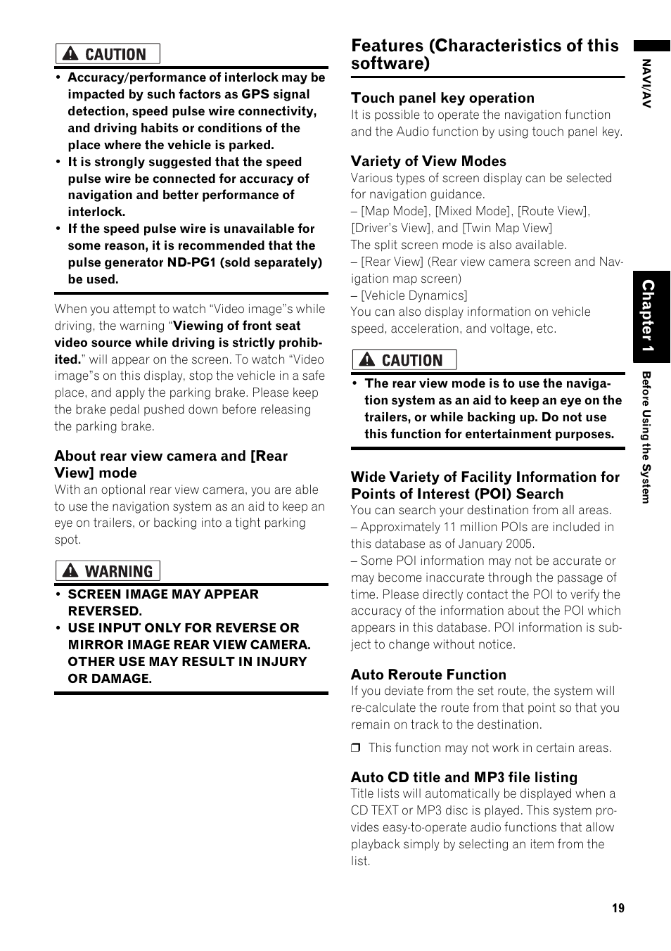 Features (characteristics of this software) 19, Features (characteristics of this software), Cha pt er 1 | Pioneer AVIC-Z1 User Manual | Page 21 / 207