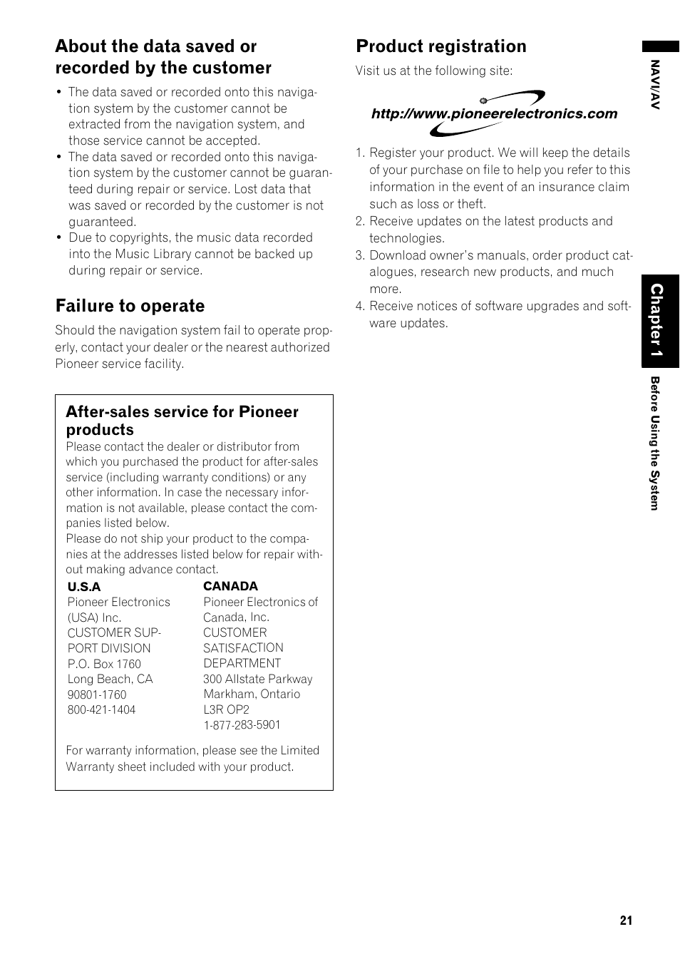 About the data saved or recorded by the, Customer 21, About the data saved or recorded by the customer | Failure to operate, Product registration, Cha pt er 1, After-sales service for pioneer products | Pioneer AVIC-Z1 User Manual | Page 23 / 207