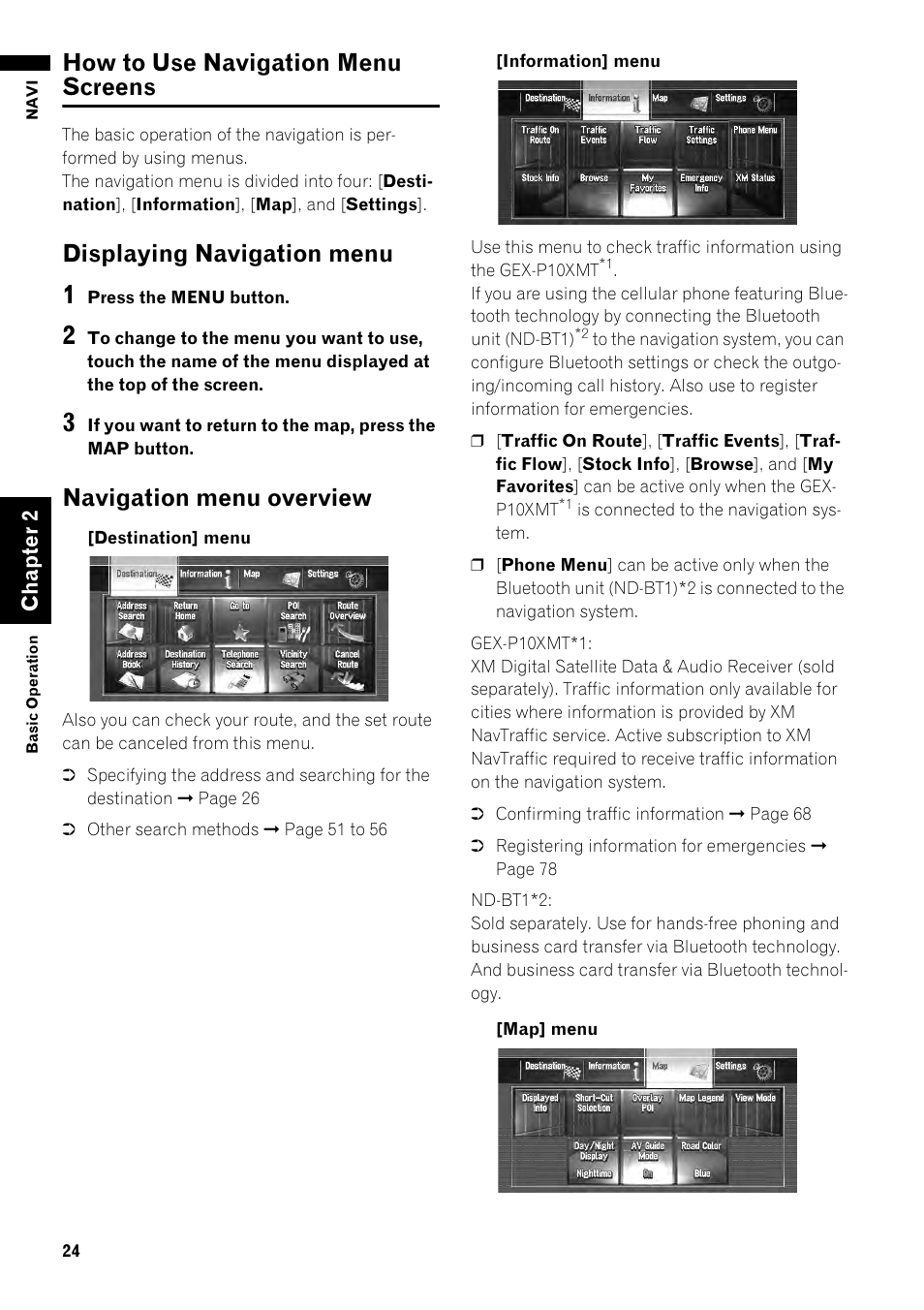 How to use navigation menu screens 24, How to use navigation menu screens, Displaying navigation menu | Navigation menu overview | Pioneer AVIC-Z1 User Manual | Page 26 / 207