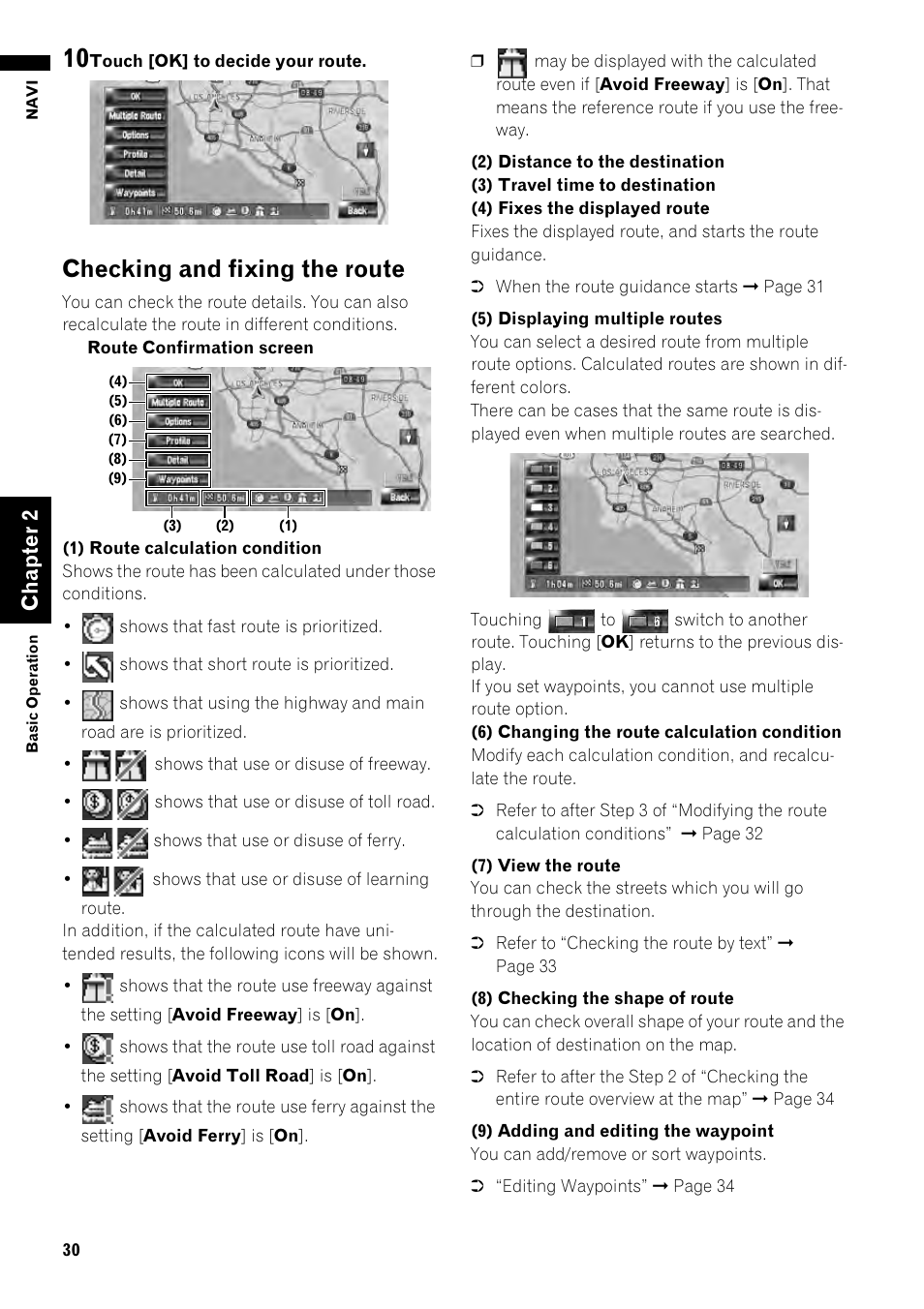 Checking and fixing the route 30, Checking and fixing the route, Ch ap ter 2 | Pioneer AVIC-Z1 User Manual | Page 32 / 207