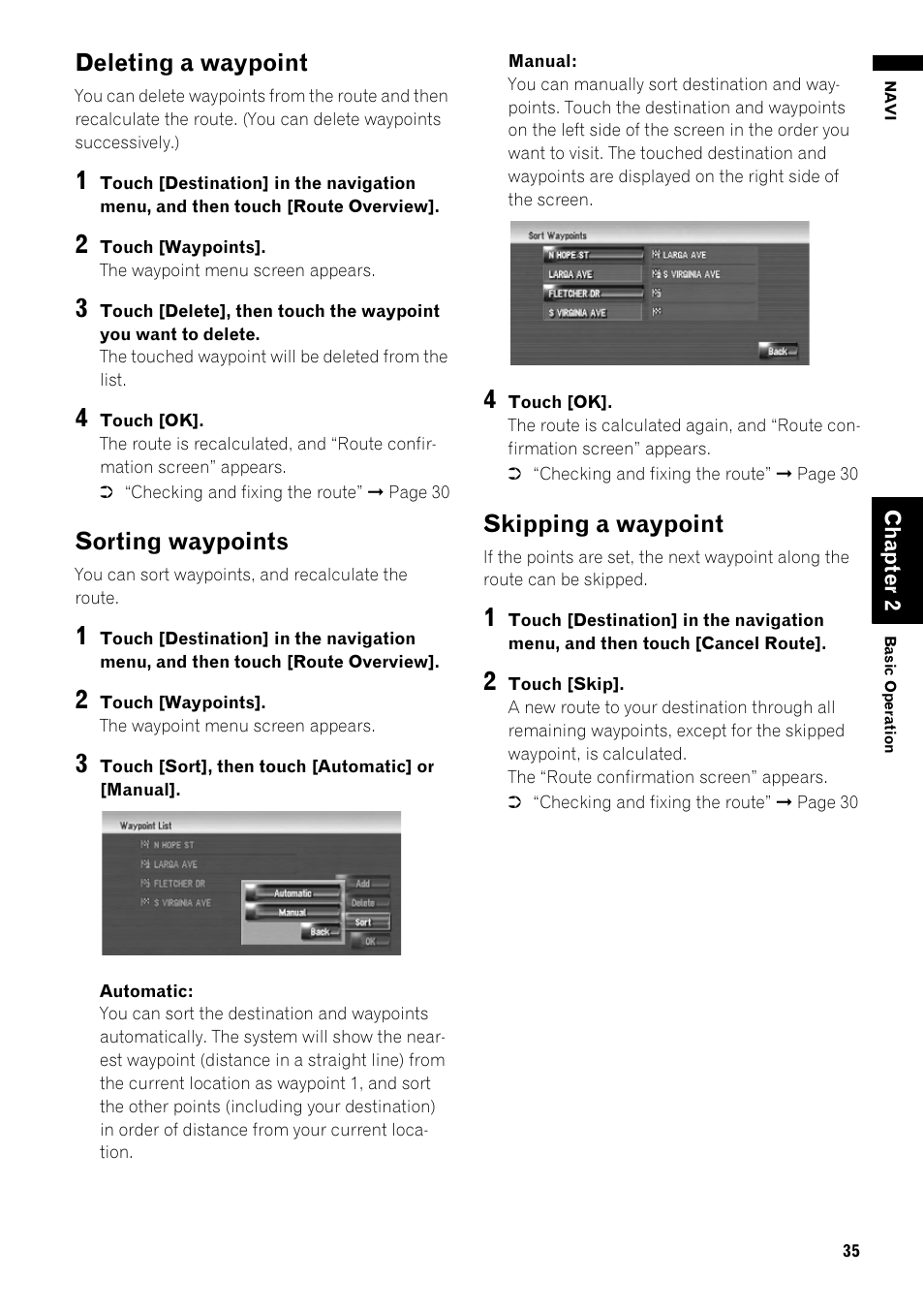 Deleting a waypoint, Sorting waypoints, Skipping a waypoint | Pioneer AVIC-Z1 User Manual | Page 37 / 207
