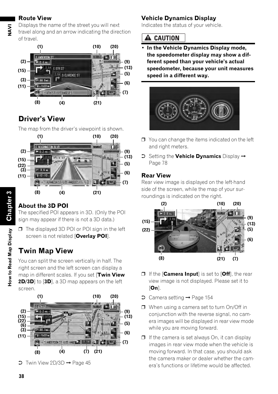 Driver’s view 38 twin map view 38, Driver’s view, Twin map view | Ch ap te r3, Route view, About the 3d poi, Vehicle dynamics display, Rear view | Pioneer AVIC-Z1 User Manual | Page 40 / 207