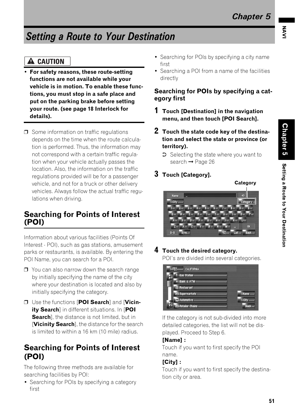 Chapter 5, Setting a route to your destination, Searching for points of interest (poi) 51 | Searching for points of interest (poi) | Pioneer AVIC-Z1 User Manual | Page 53 / 207