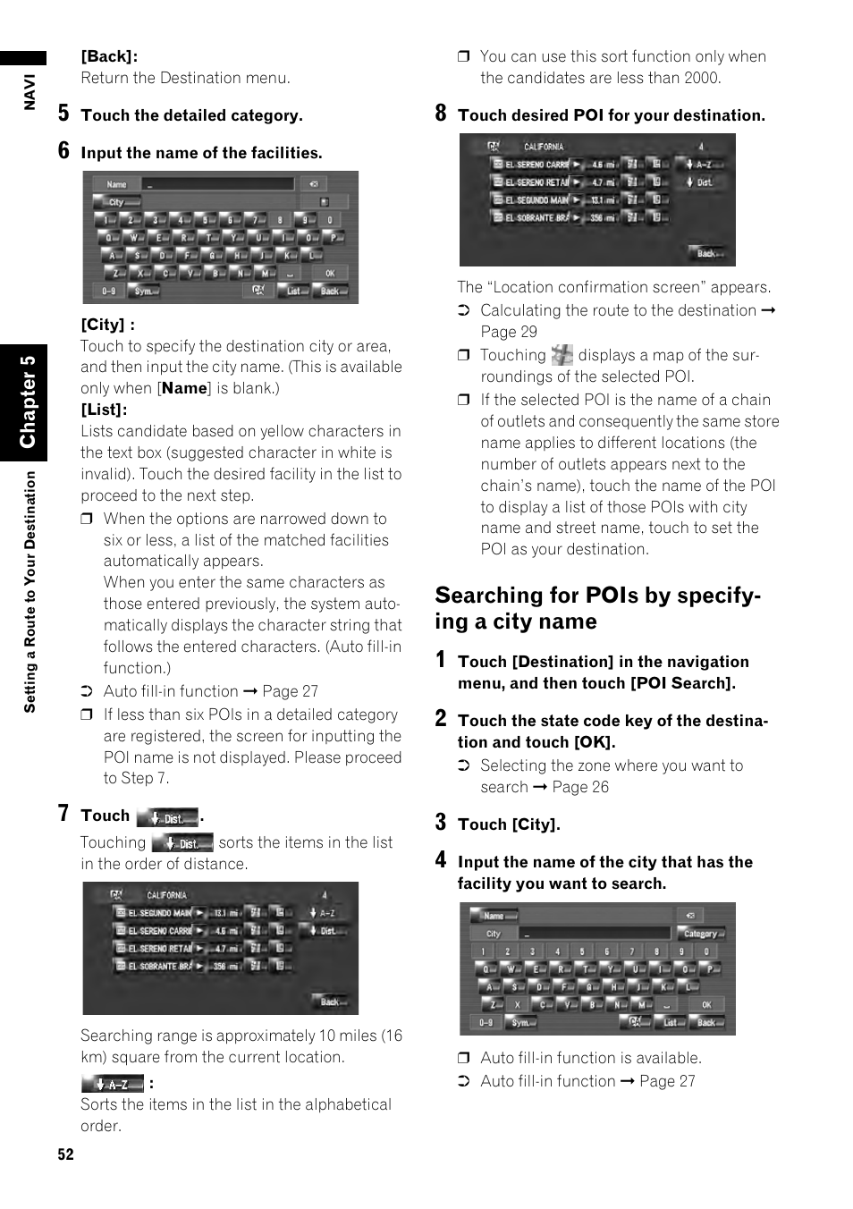 Searching for pois by specifying a city name 52, Searching for pois by specify- ing a city name | Pioneer AVIC-Z1 User Manual | Page 54 / 207