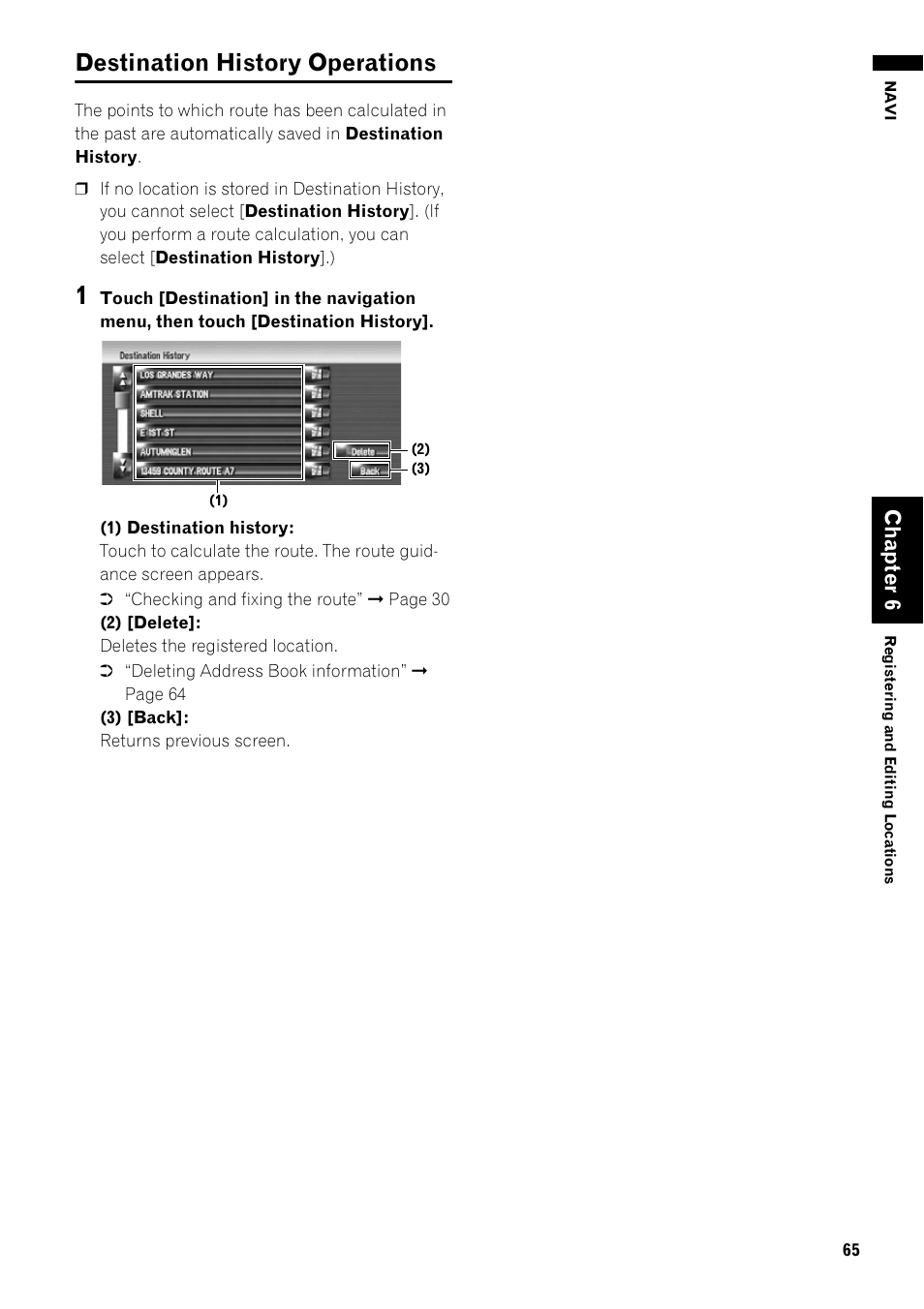 Destination history operations 65, Destination history operations, Cha pte r6 | Pioneer AVIC-Z1 User Manual | Page 67 / 207