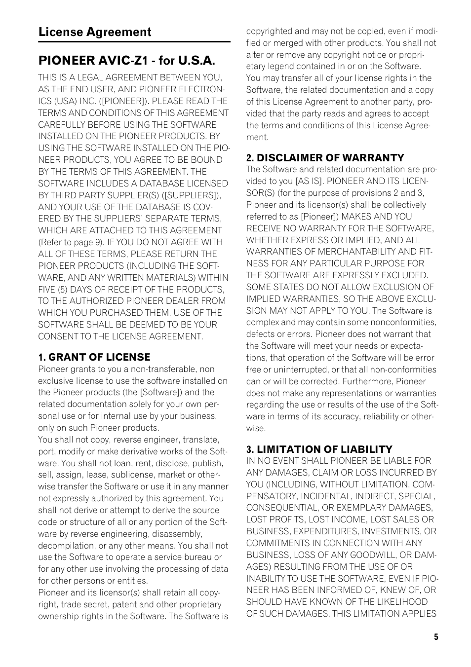 License agreement pioneer avic-z1 - for u.s.a | Pioneer AVIC-Z1 User Manual | Page 7 / 207