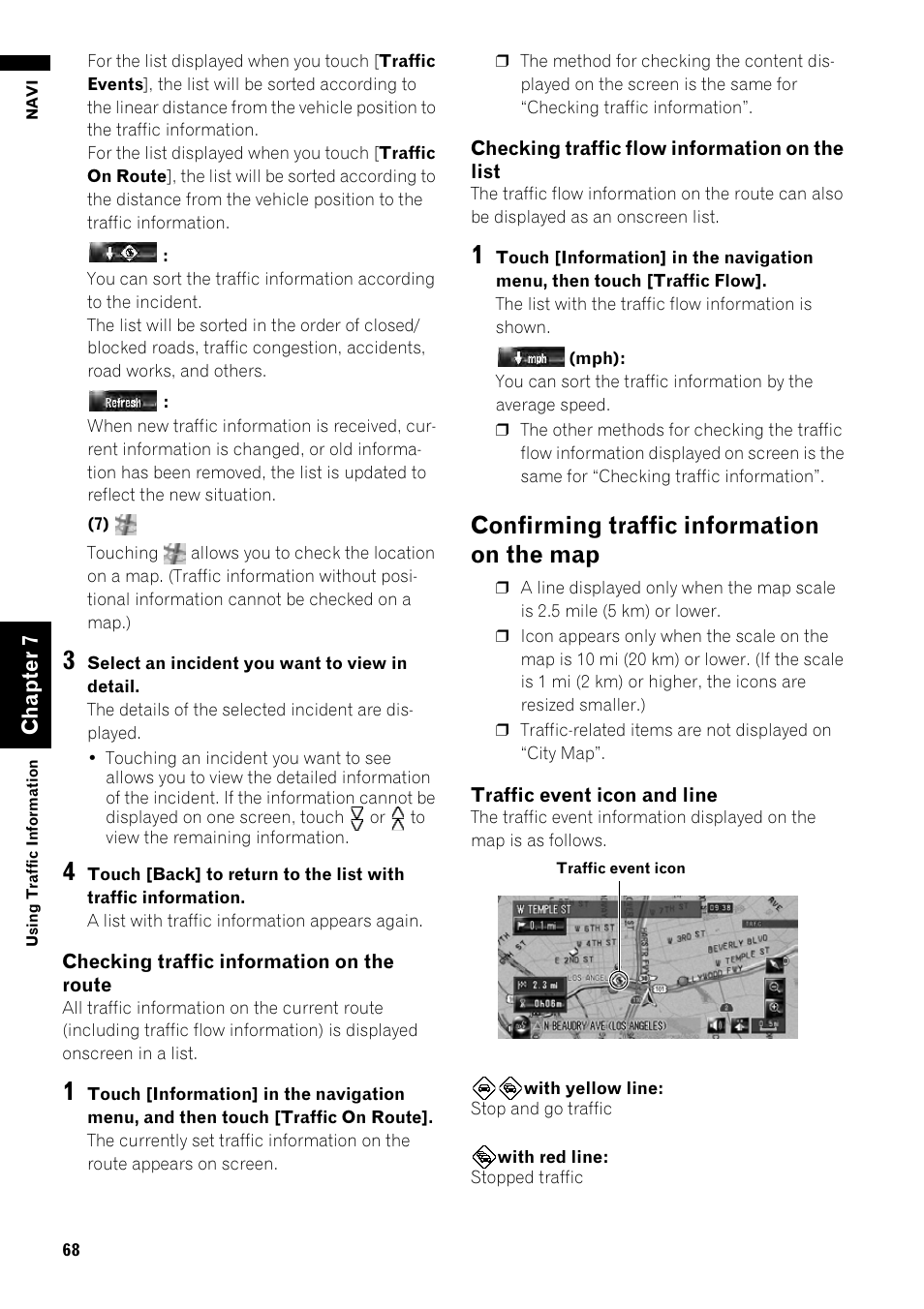 Confirming traffic information on the map 68, Confirming traffic information on the map | Pioneer AVIC-Z1 User Manual | Page 70 / 207