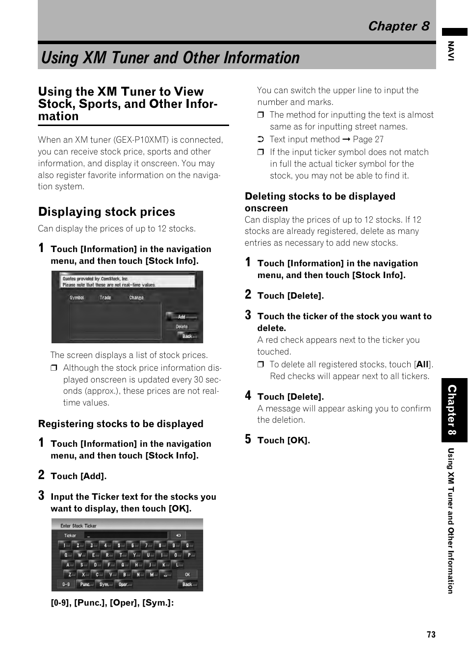 Chapter 8, Using xm tuner and other informa- tion, Using the xm tuner to view stock, sports, and | Other information 73, Displaying stock prices 73, Using xm tuner and other information, Displaying stock prices | Pioneer AVIC-Z1 User Manual | Page 75 / 207