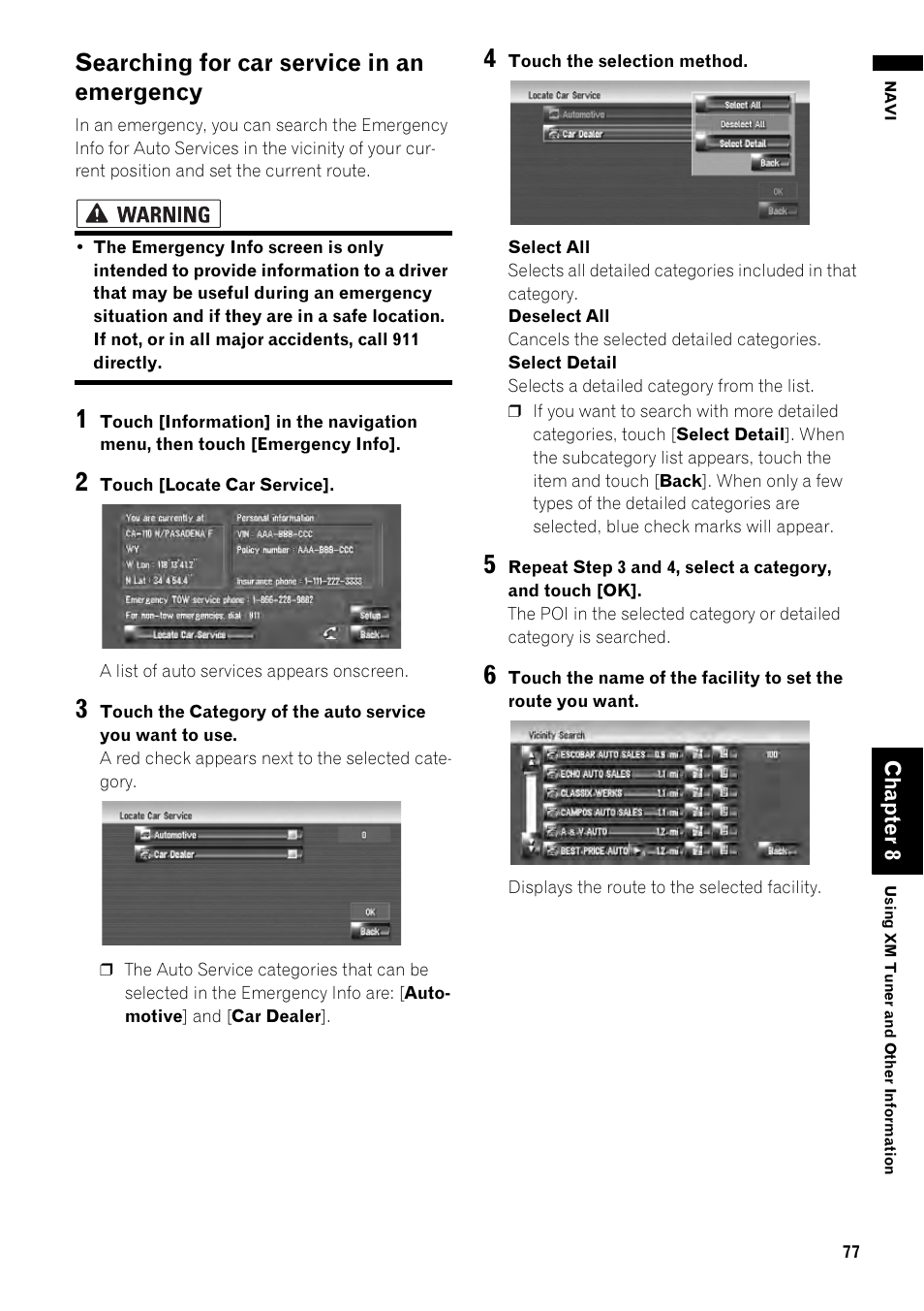 Searching for car service in an emergency 77, Searching for car service in an emergency | Pioneer AVIC-Z1 User Manual | Page 79 / 207