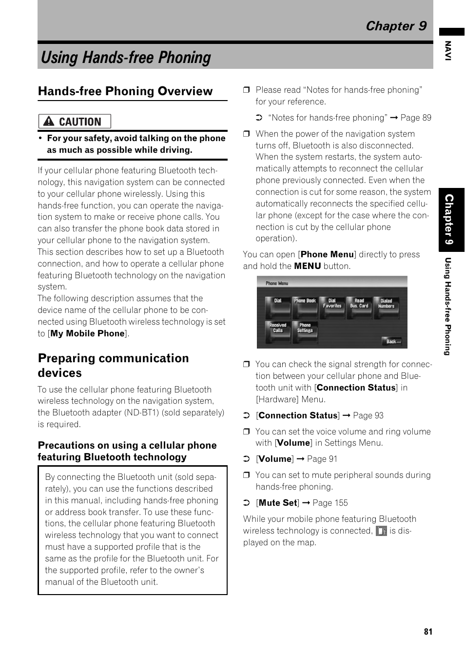 Chapter 9, Using hands-free phoning, Hands-free phoning overview 81 | Preparing communication devices 81, Hands-free phoning overview, Preparing communication devices, Cha pt er 9 | Pioneer AVIC-Z1 User Manual | Page 83 / 207
