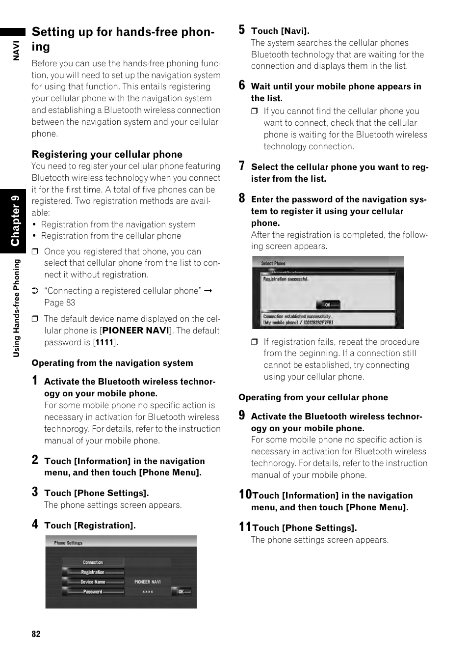 Setting up for hands-free phoning 82, Setting up for hands-free phon- ing | Pioneer AVIC-Z1 User Manual | Page 84 / 207