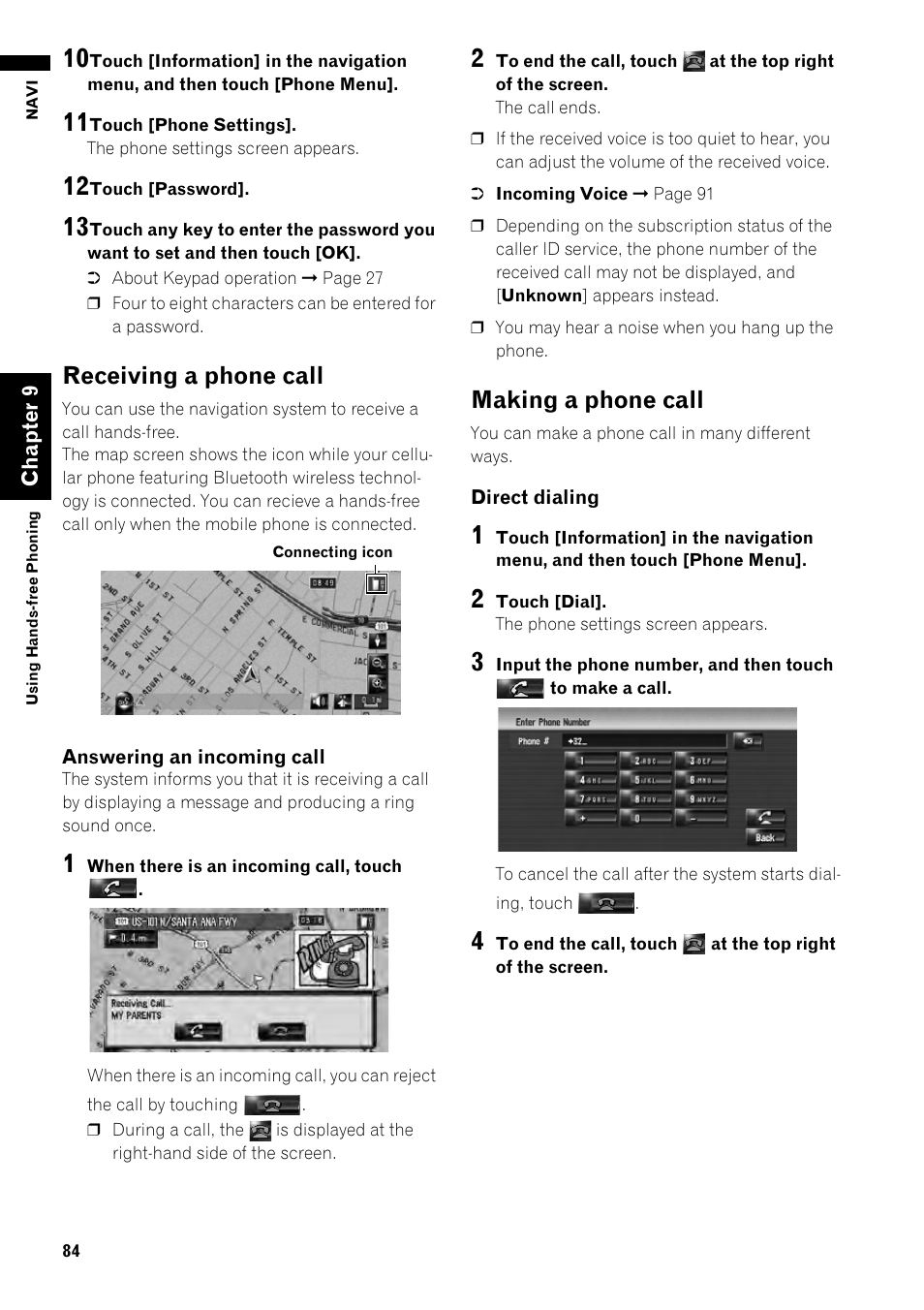 Receiving a phone call 84 making a phone call 84, Receiving a phone call, Making a phone call | Pioneer AVIC-Z1 User Manual | Page 86 / 207