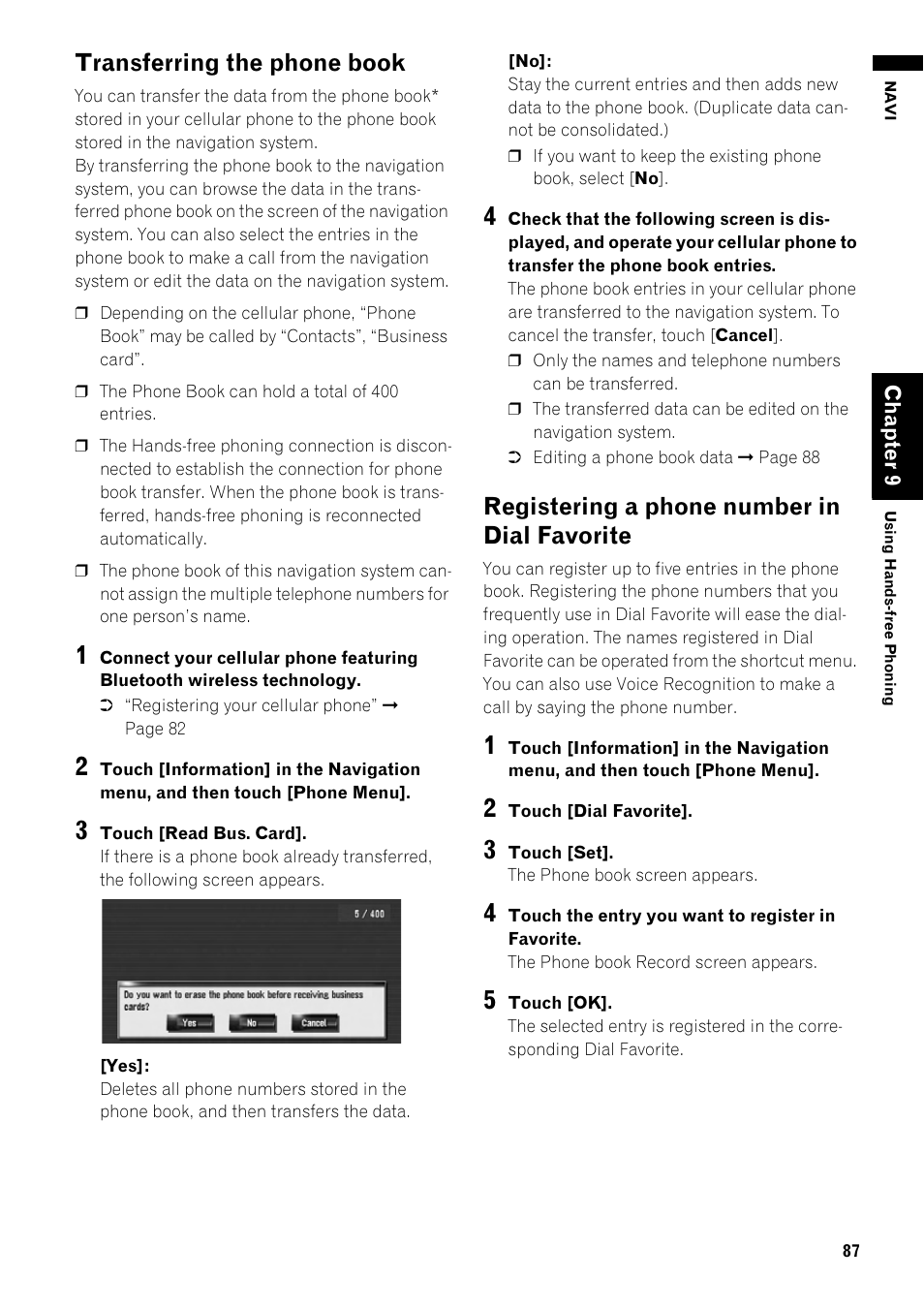 Transferring the phone book, Registering a phone number in dial favorite | Pioneer AVIC-Z1 User Manual | Page 89 / 207