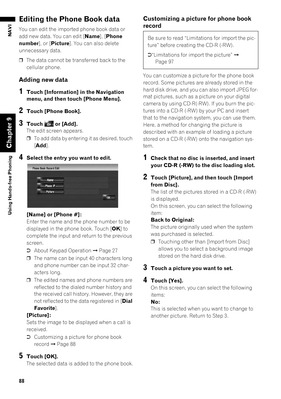 Editing the phone book data 88, Editing the phone book data | Pioneer AVIC-Z1 User Manual | Page 90 / 207