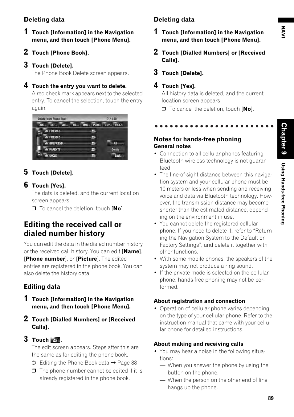 Editing the received call or dialed number, History 89, Editing the received call or dialed number history | Pioneer AVIC-Z1 User Manual | Page 91 / 207