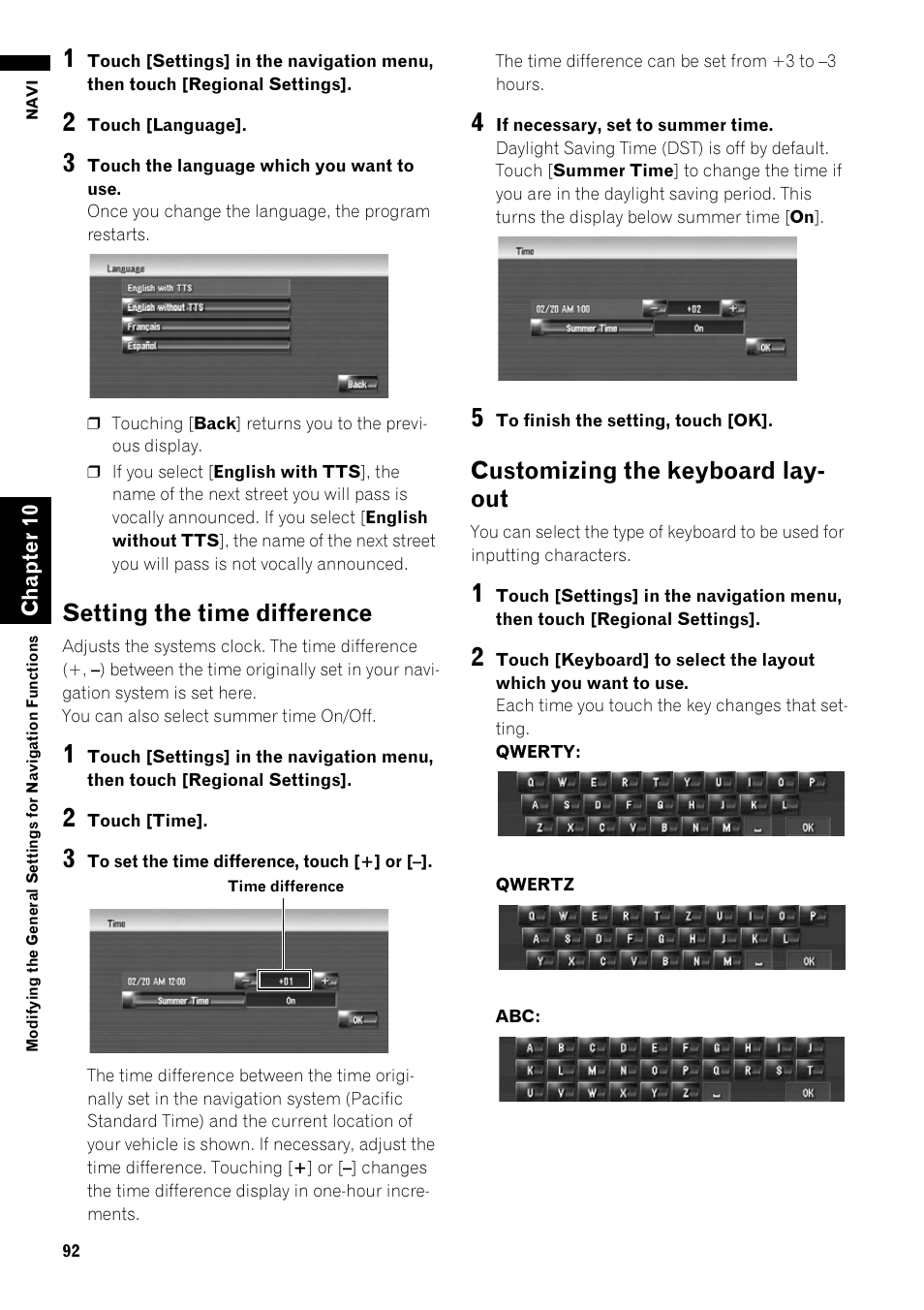 Setting the time difference, Customizing the keyboard lay- out | Pioneer AVIC-Z1 User Manual | Page 94 / 207