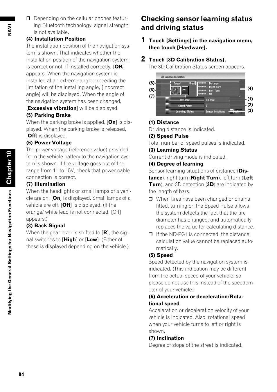 Checking sensor learning status and driving, Status 94, Checking sensor learning status and driving status | Ch ap te r1 0 | Pioneer AVIC-Z1 User Manual | Page 96 / 207