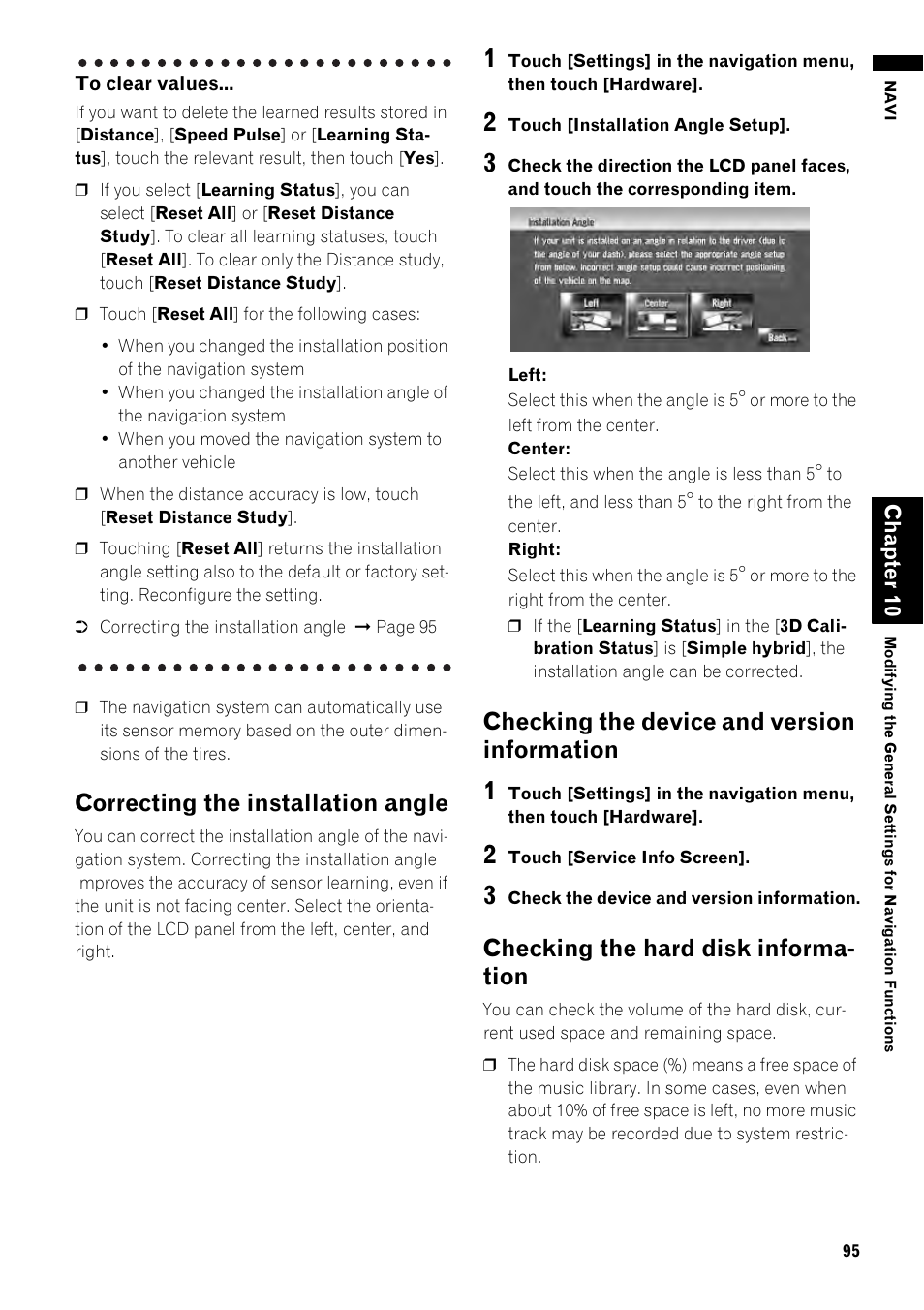 Information 95, Checking the hard disk information 95, Correcting the installation angle | Checking the device and version information, Checking the hard disk informa- tion | Pioneer AVIC-Z1 User Manual | Page 97 / 207