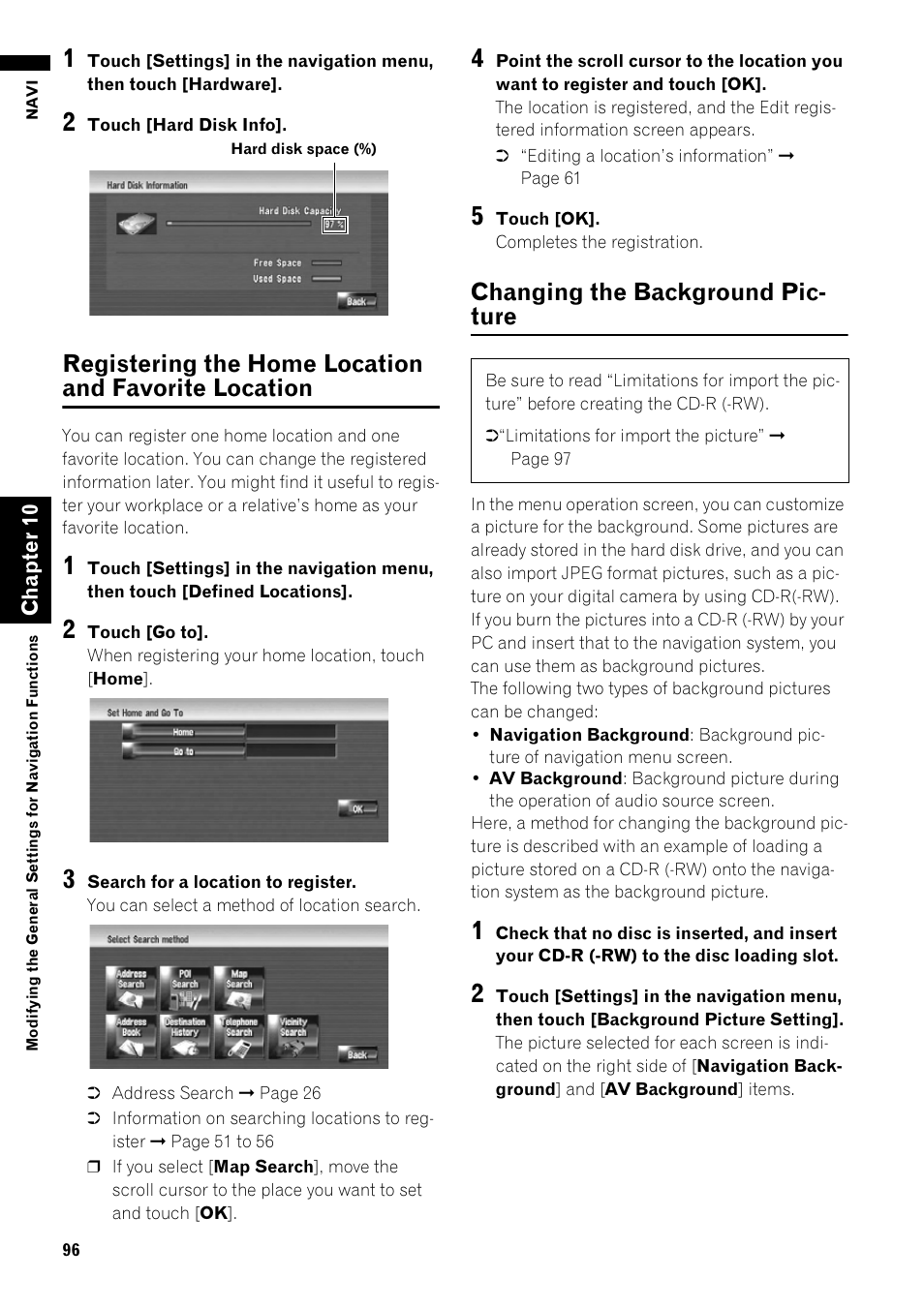 Registering the home location and favorite, Location 96, Changing the background picture 96 | Changing the background pic- ture | Pioneer AVIC-Z1 User Manual | Page 98 / 207