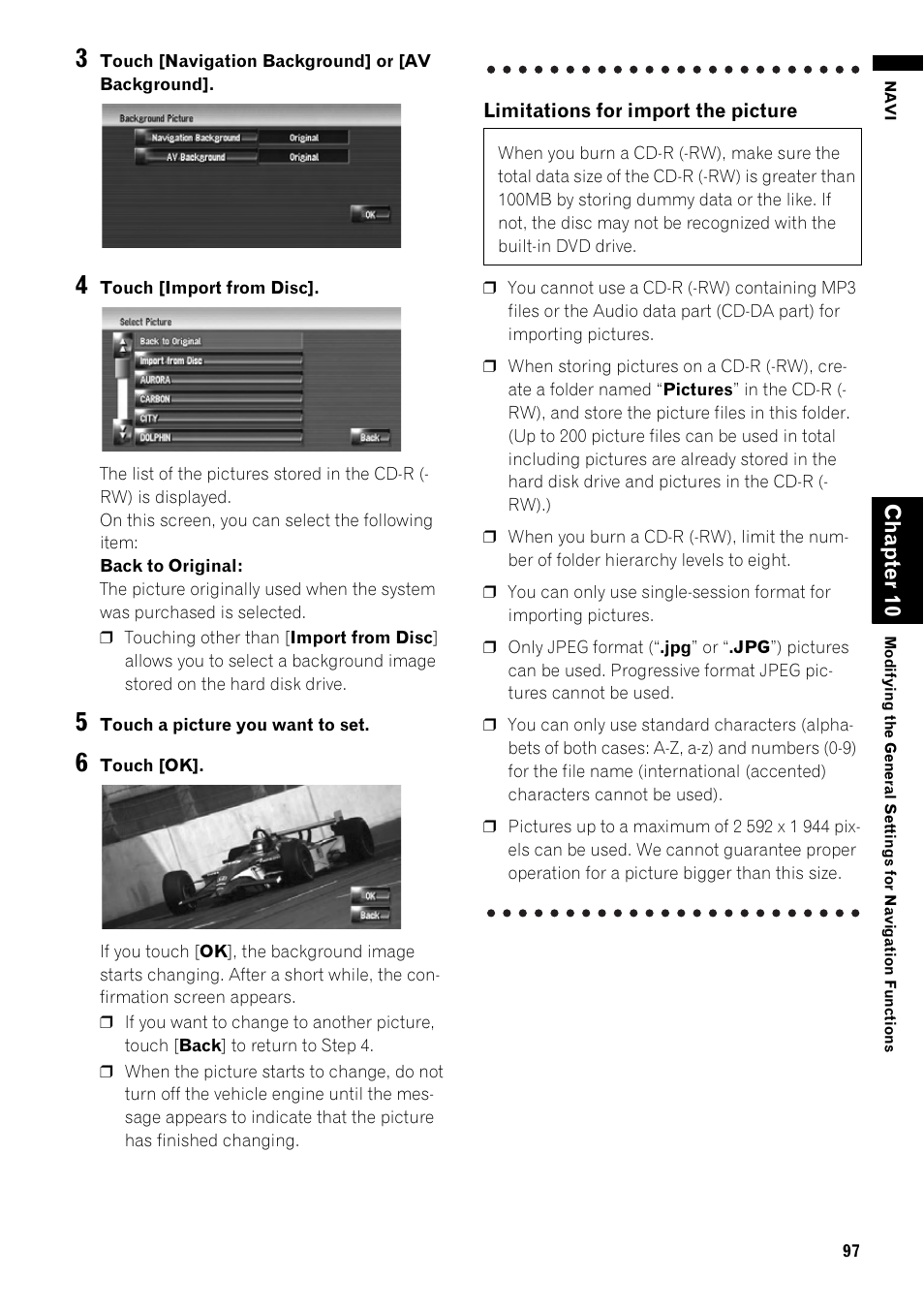 Limitations for import the picture, Cha pt er 10 | Pioneer AVIC-Z1 User Manual | Page 99 / 207