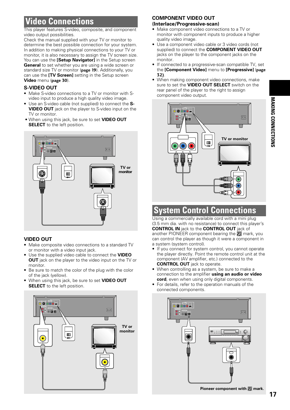 Video connections system control connections, Video connections, System control connections | Making connections, S-video out, Video out, Component video out (interlace/progressive-scan) | Pioneer DV-C603 User Manual | Page 17 / 64