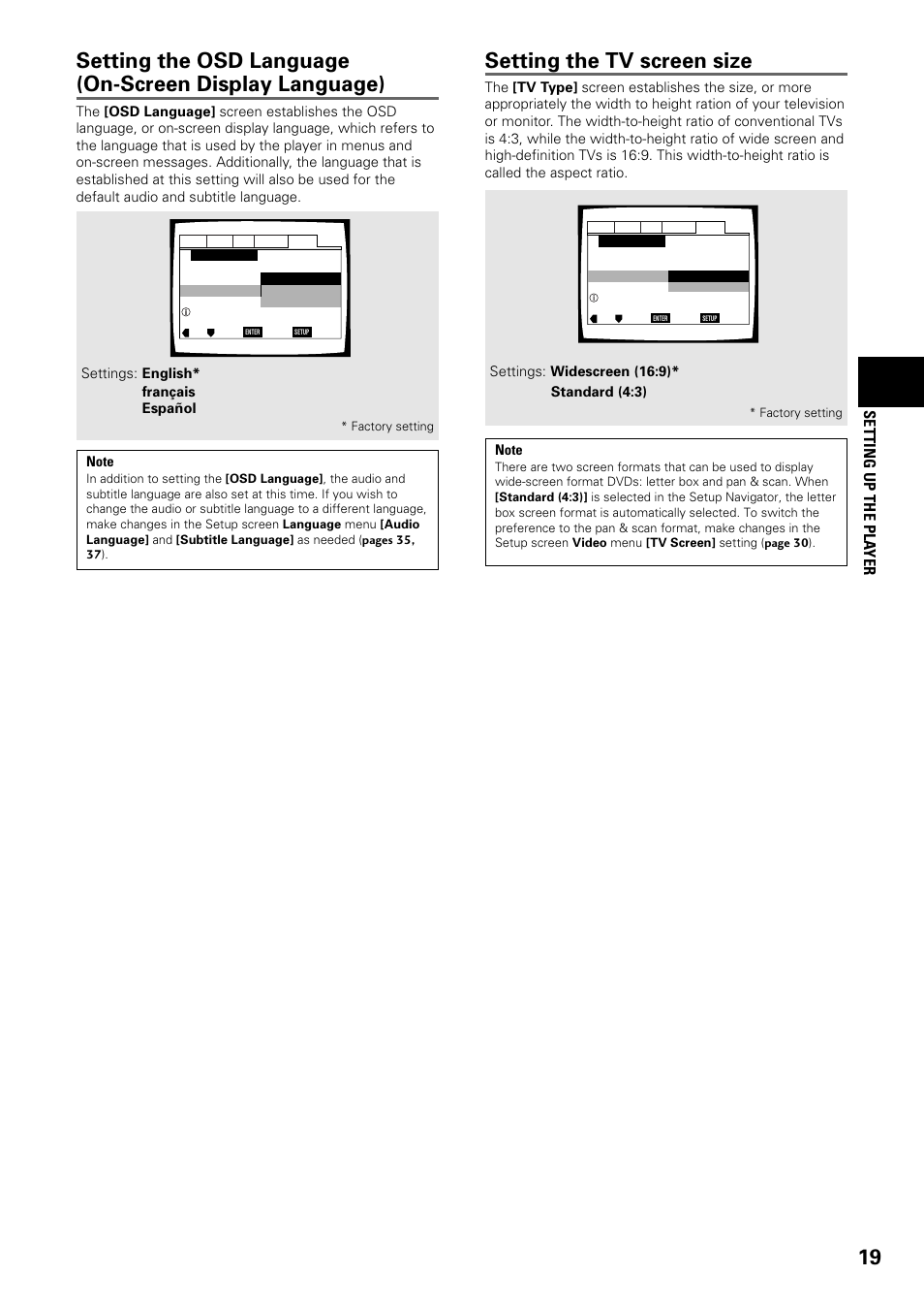 Setting the tv screen size, Setting up the pla yer | Pioneer DV-C603 User Manual | Page 19 / 64